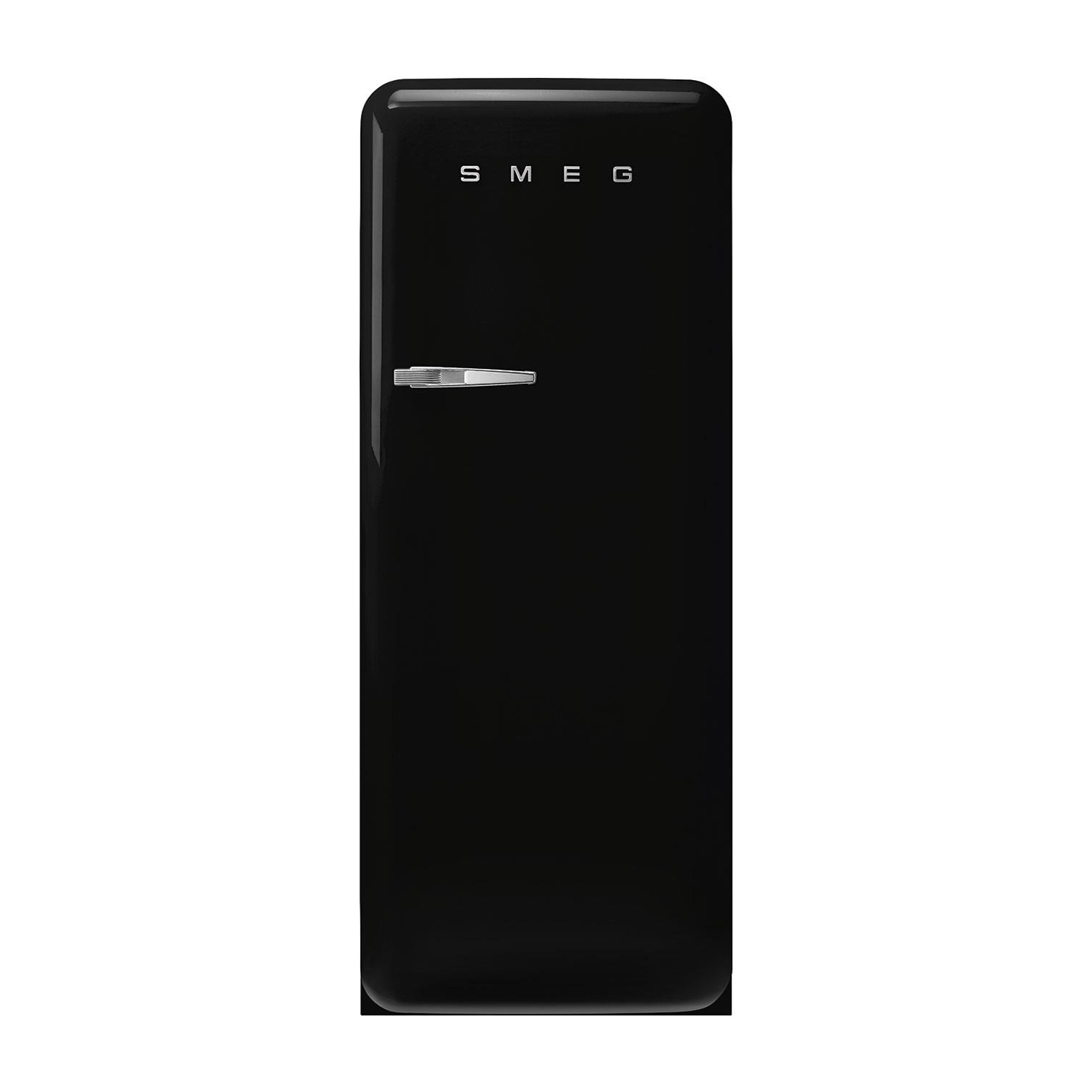 Un refrigerador negro brillante con asa plateada y logo SMEG.