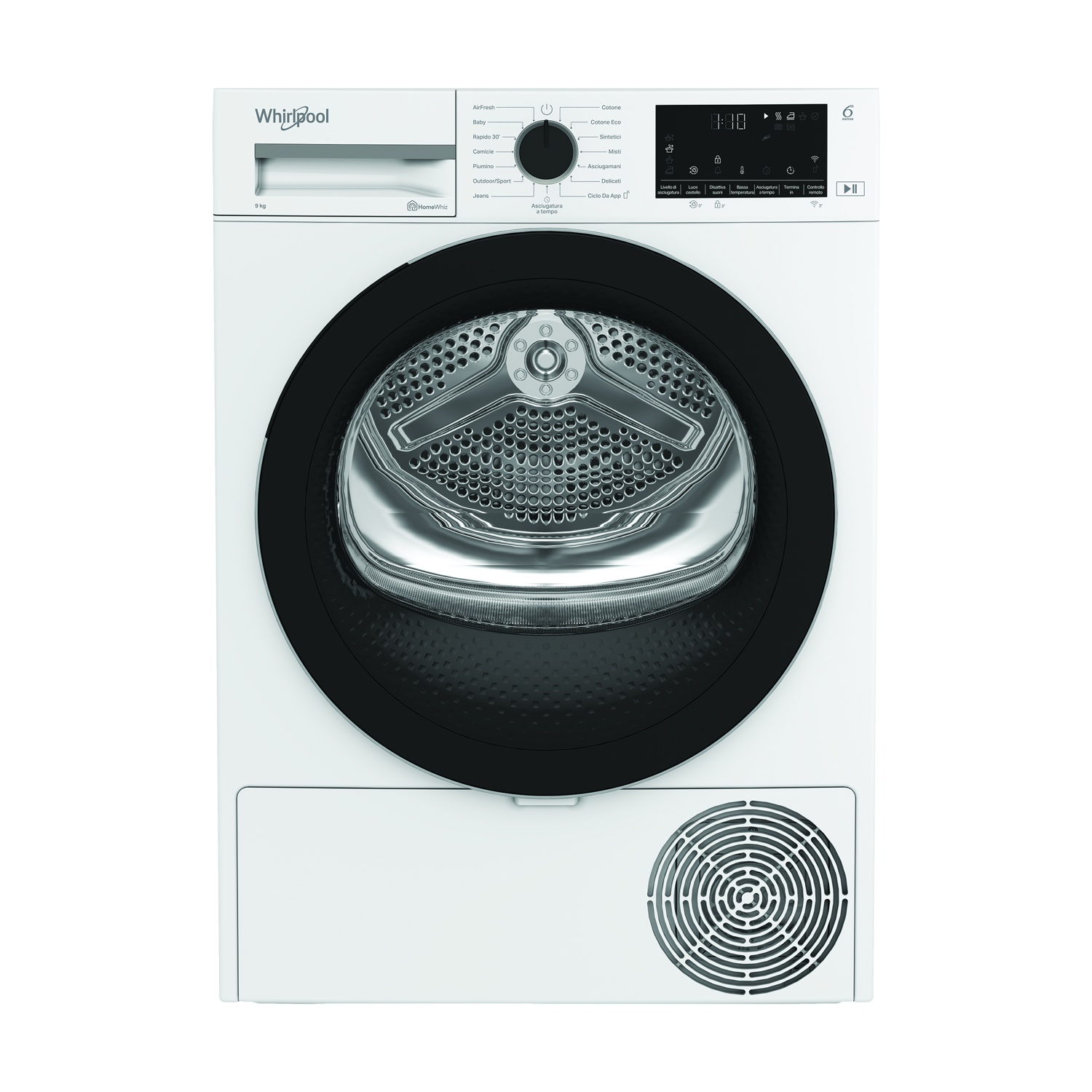 Asciugatrice bianca Whirlpool con porta nera e pannello digitale.
