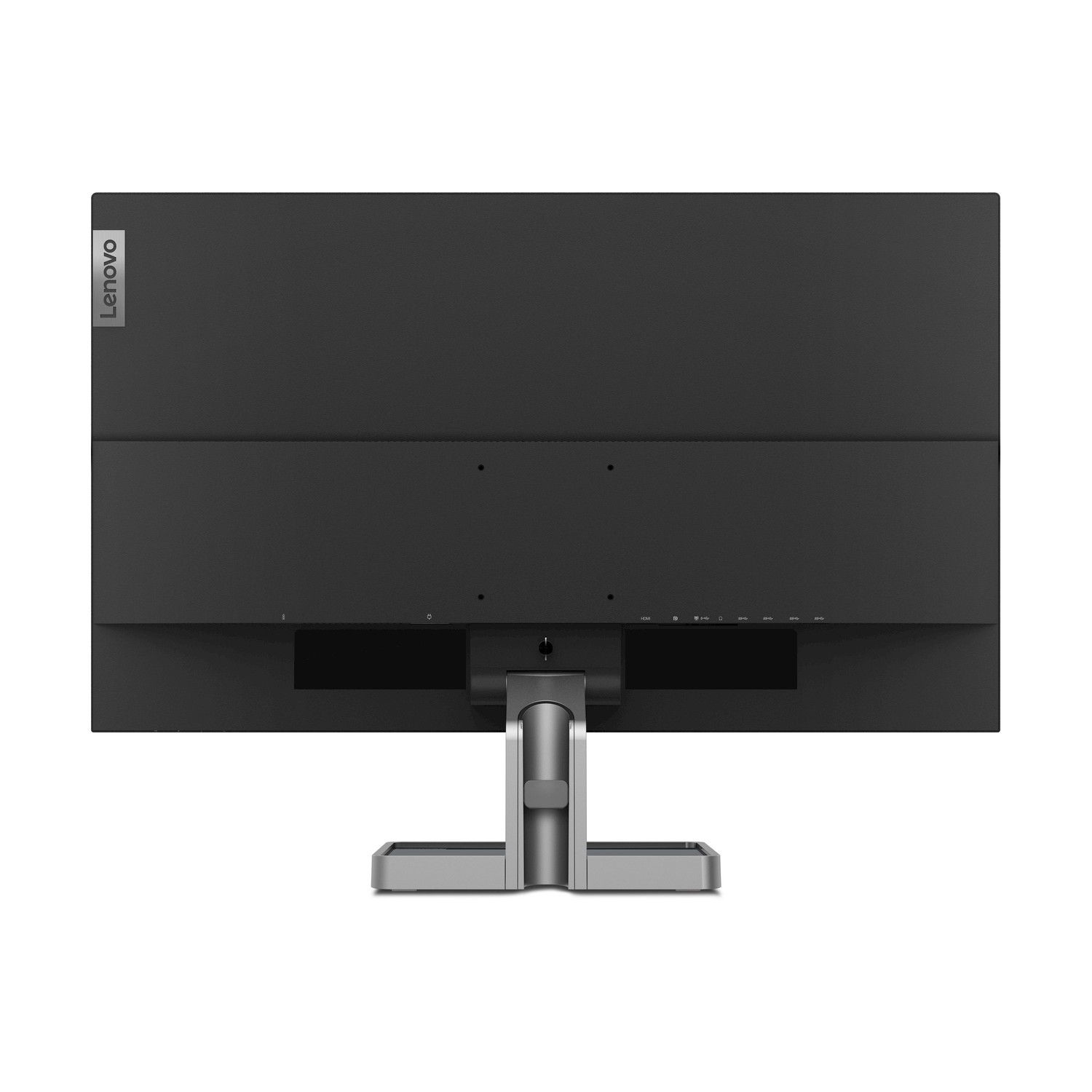 Retro di un monitor Lenovo nero con supporto argentato, porte visibili.