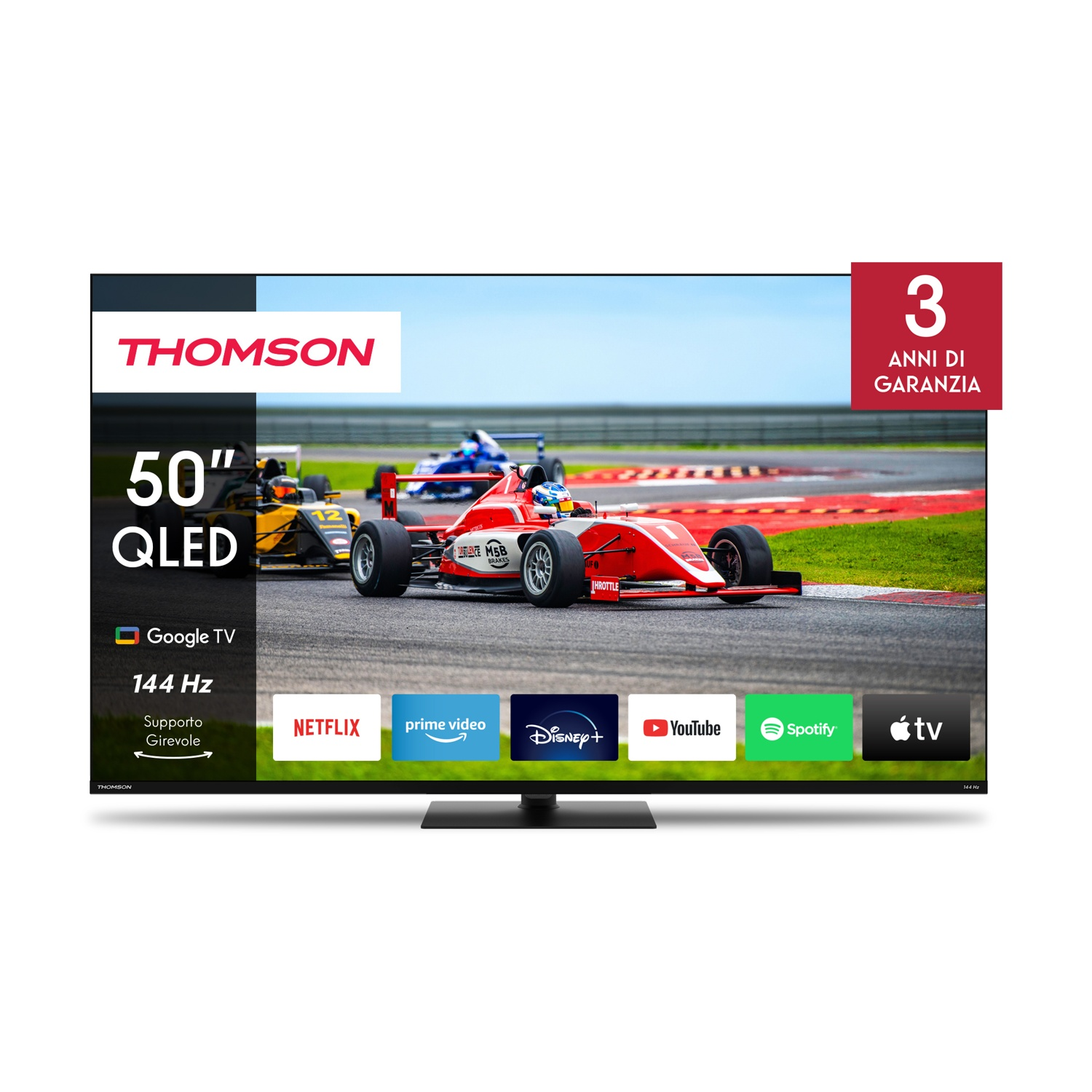 Un TV Thomson 50" QLED con Google TV e 144 Hz, mostra auto da corsa.