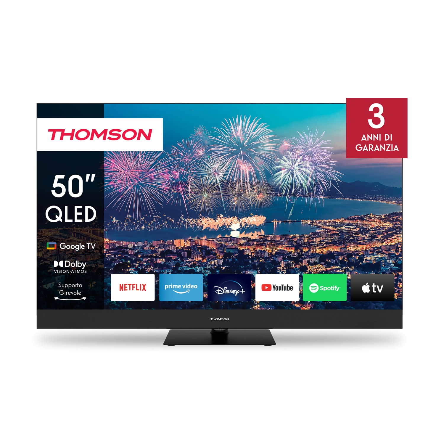 TV Thomson QLED 50 pollici con fuochi d'artificio e icone app.