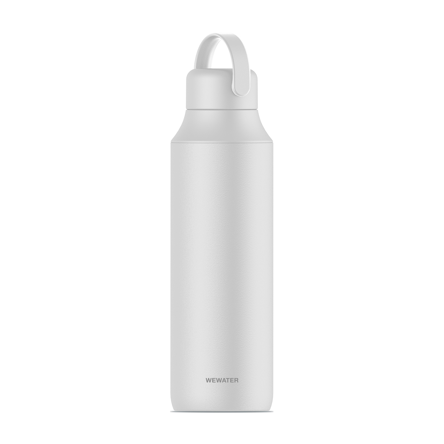 Botella de agua blanca con asa de transporte y el logo "WEWATER" al frente.