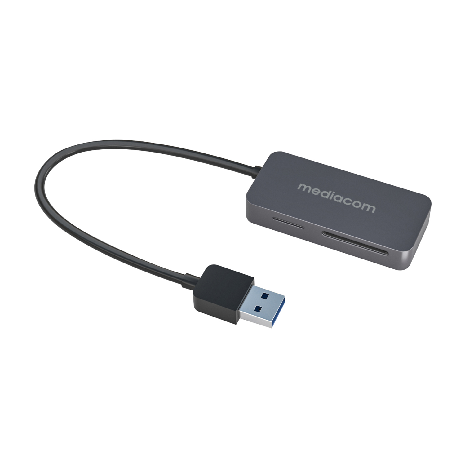 Ein grauer Mediacom USB-Hub mit SD- und Micro-SD-Kartensteckplätzen.
