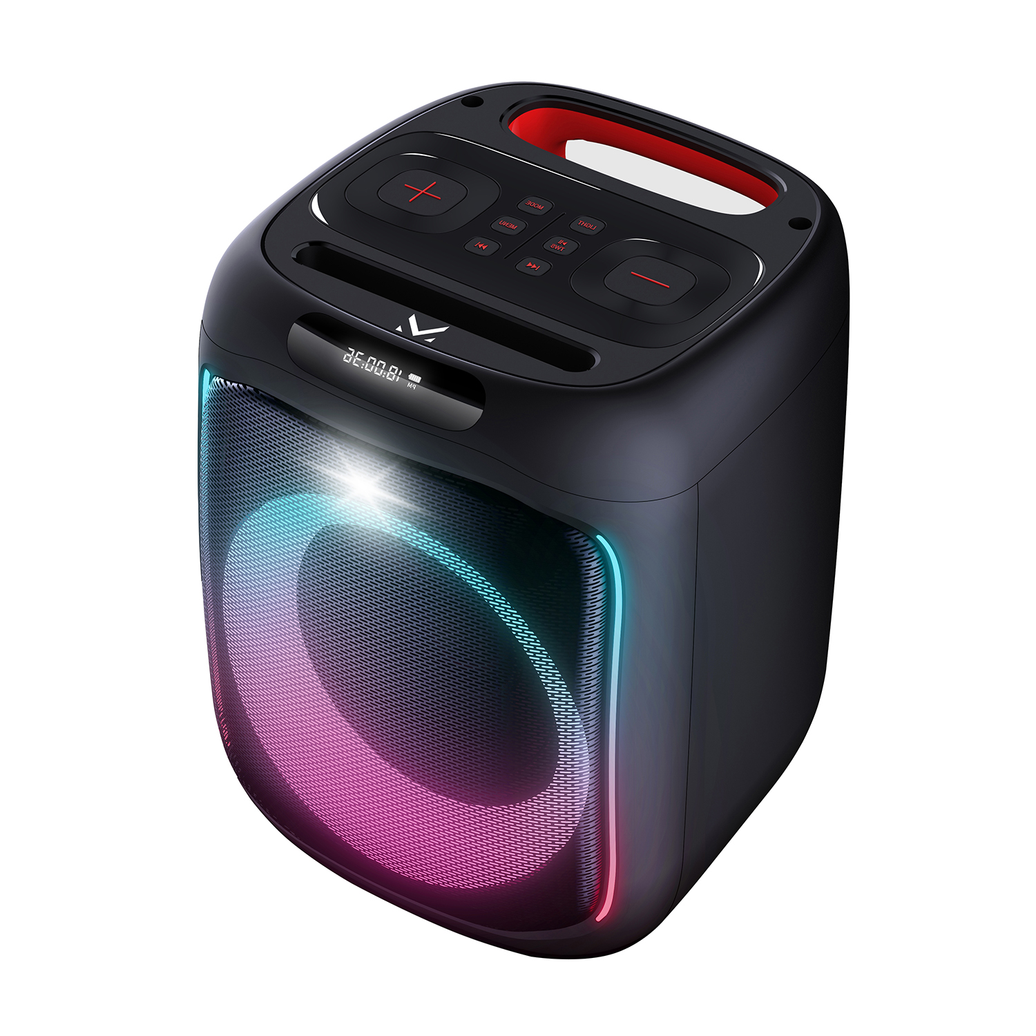 Zwarte draagbare luidspreker met LED-verlichting en handvat, knoppen en display.