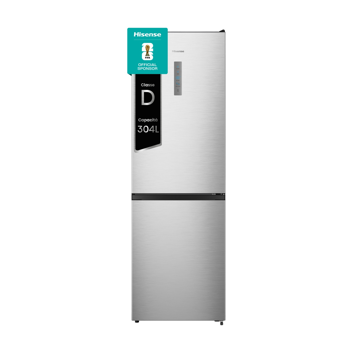Un refrigerador Hisense plateado con pegatina de patrocinador de la FIFA, Clase D, 304L.