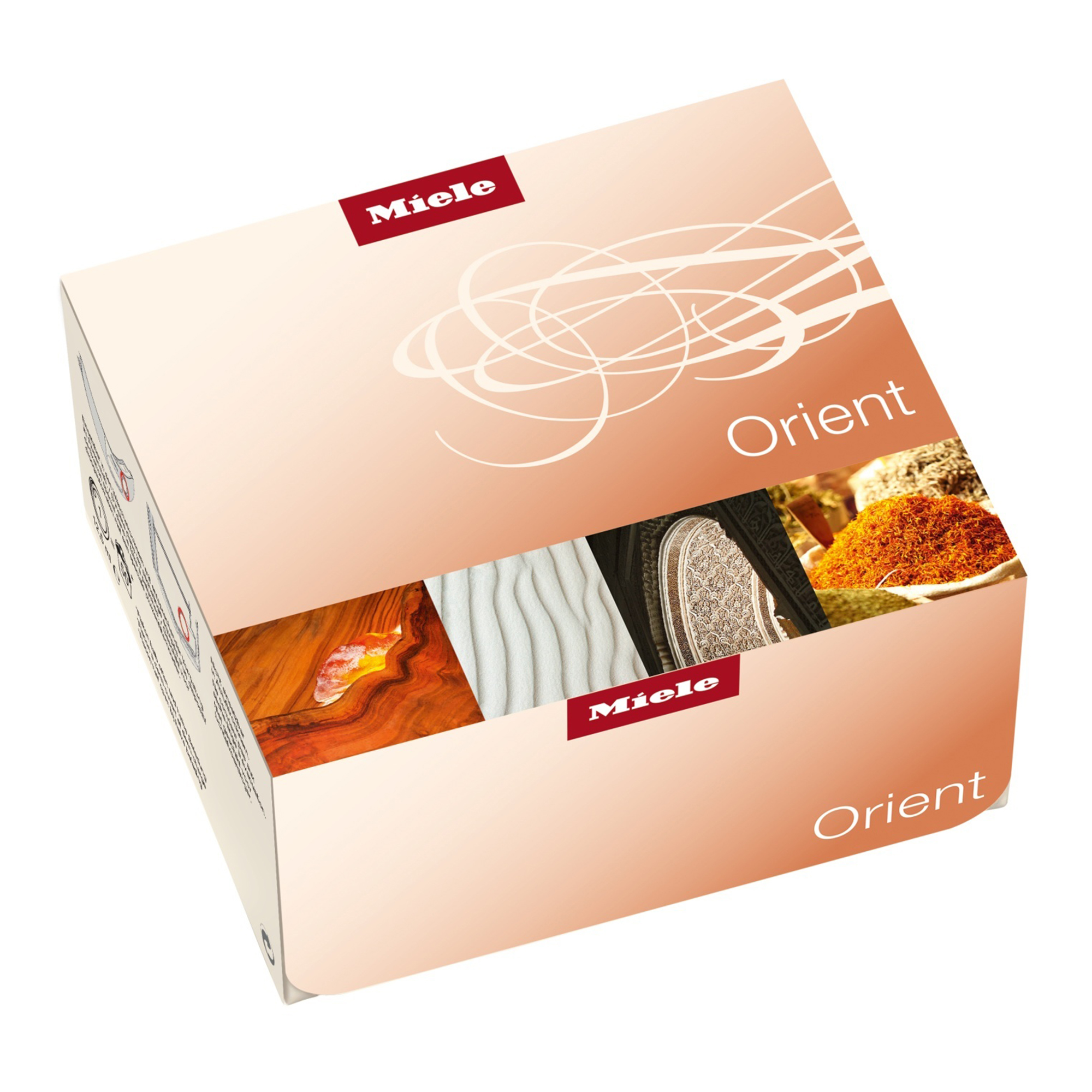 Boîte Miele Orient avec images de bois, tissu, ornements et épices.