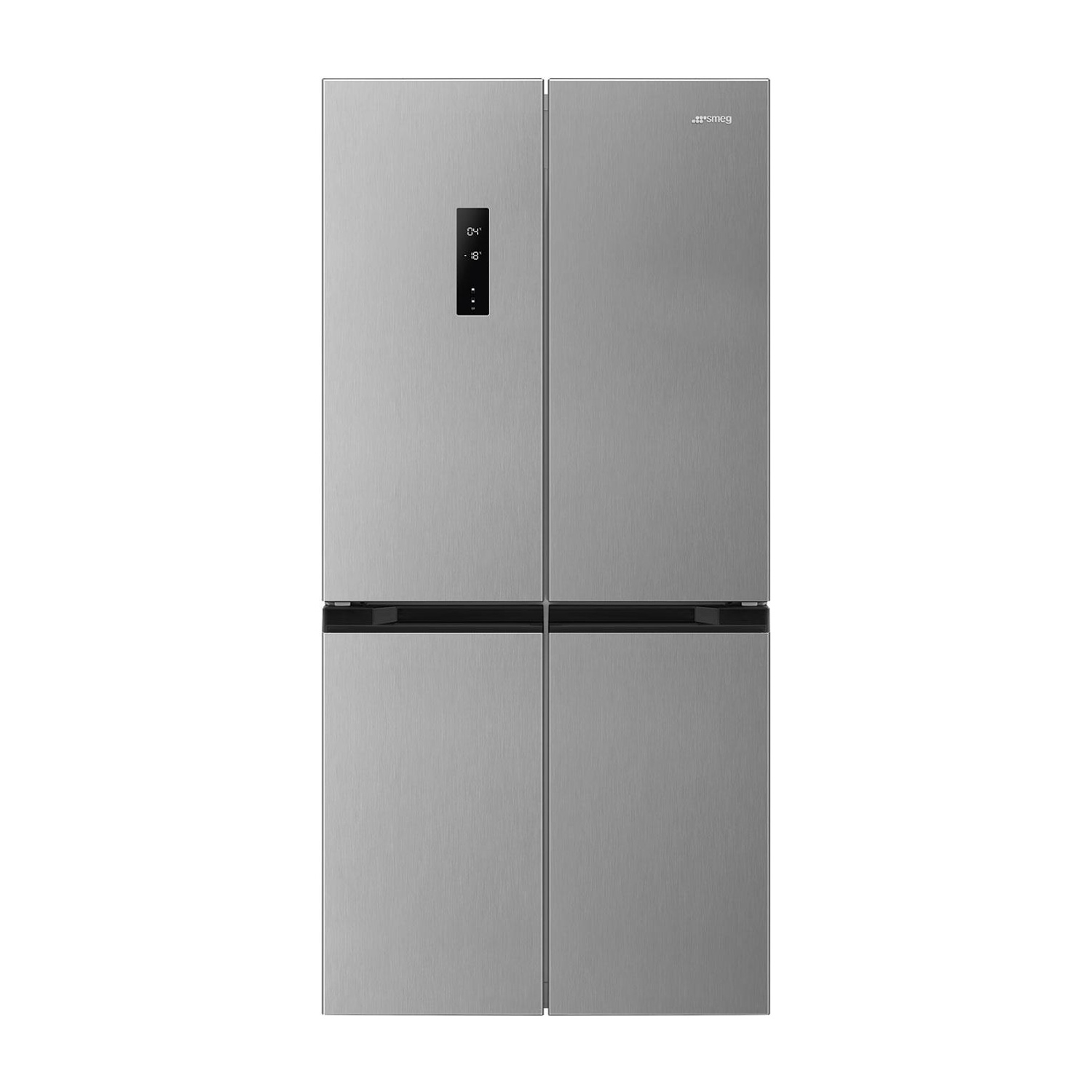 Ein silberner Kühlschrank mit vier Türen und einem digitalen Display.
