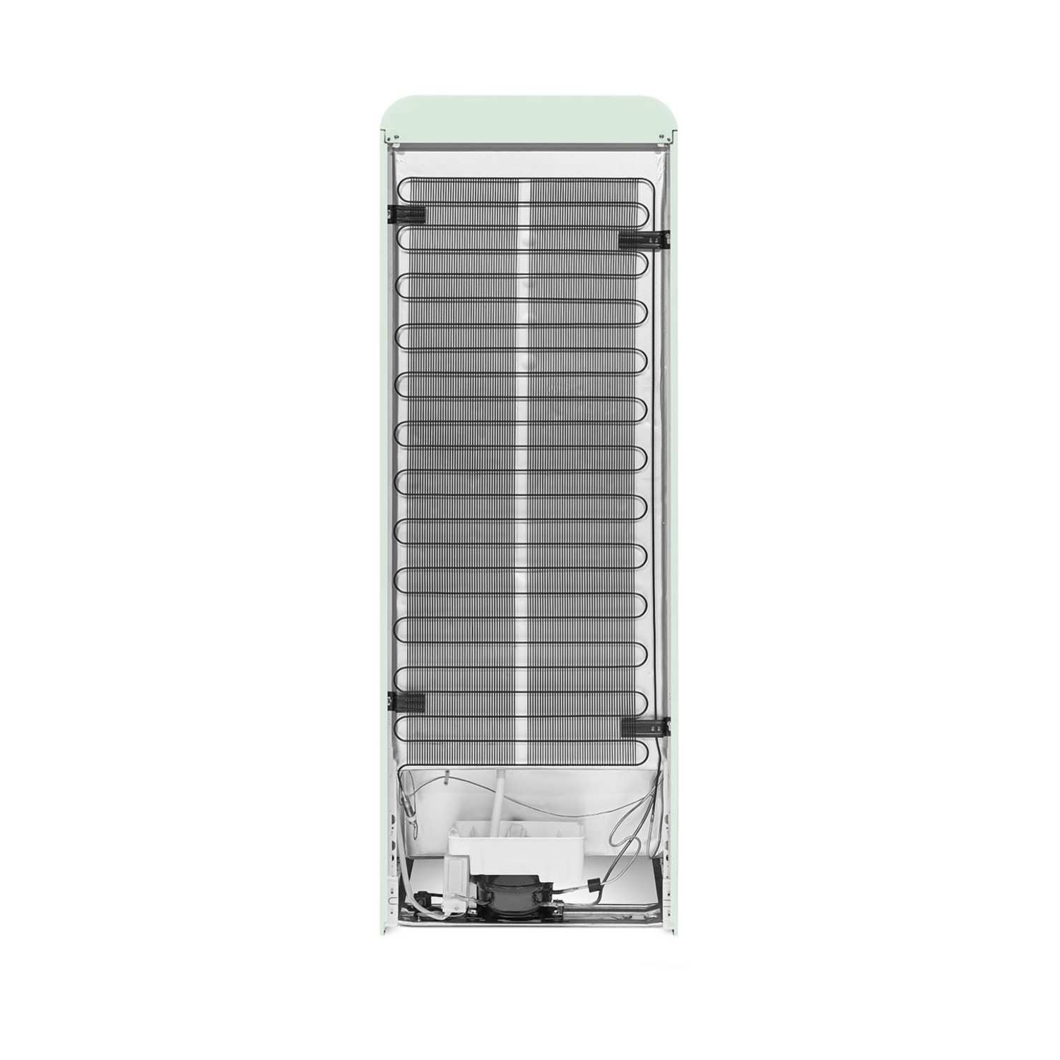 Parte trasera de un refrigerador que muestra el compresor y las bobinas de enfriamiento.