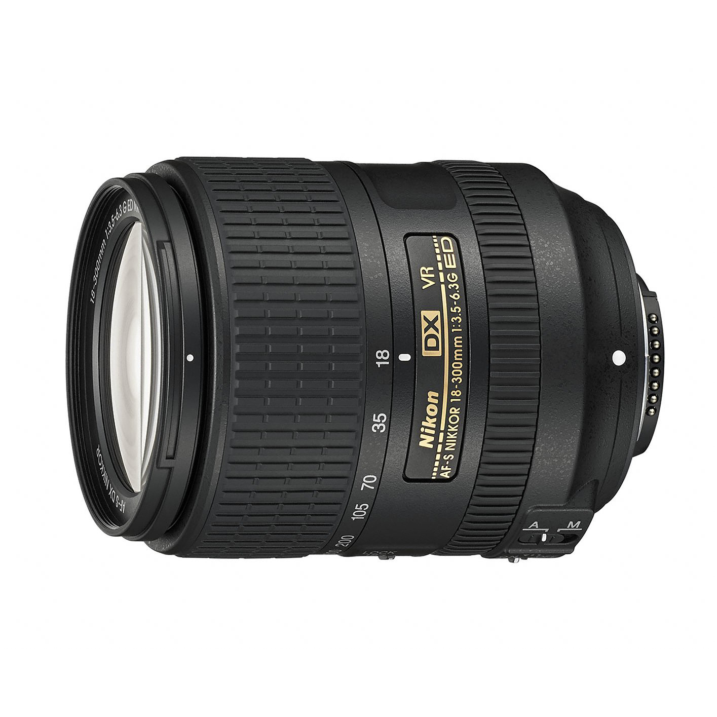Ein schwarzes Nikon 18-300mm DX VR Objektiv mit Fokusringen und Beschriftungen.