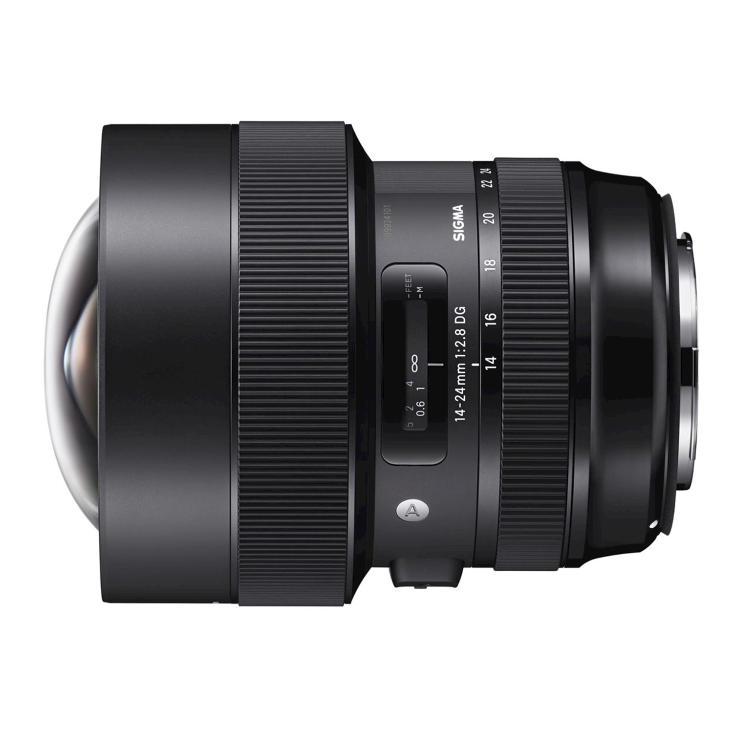 Ein schwarzes Sigma 14-24mm 1:2.8 DG Objektiv auf weißem Hintergrund.