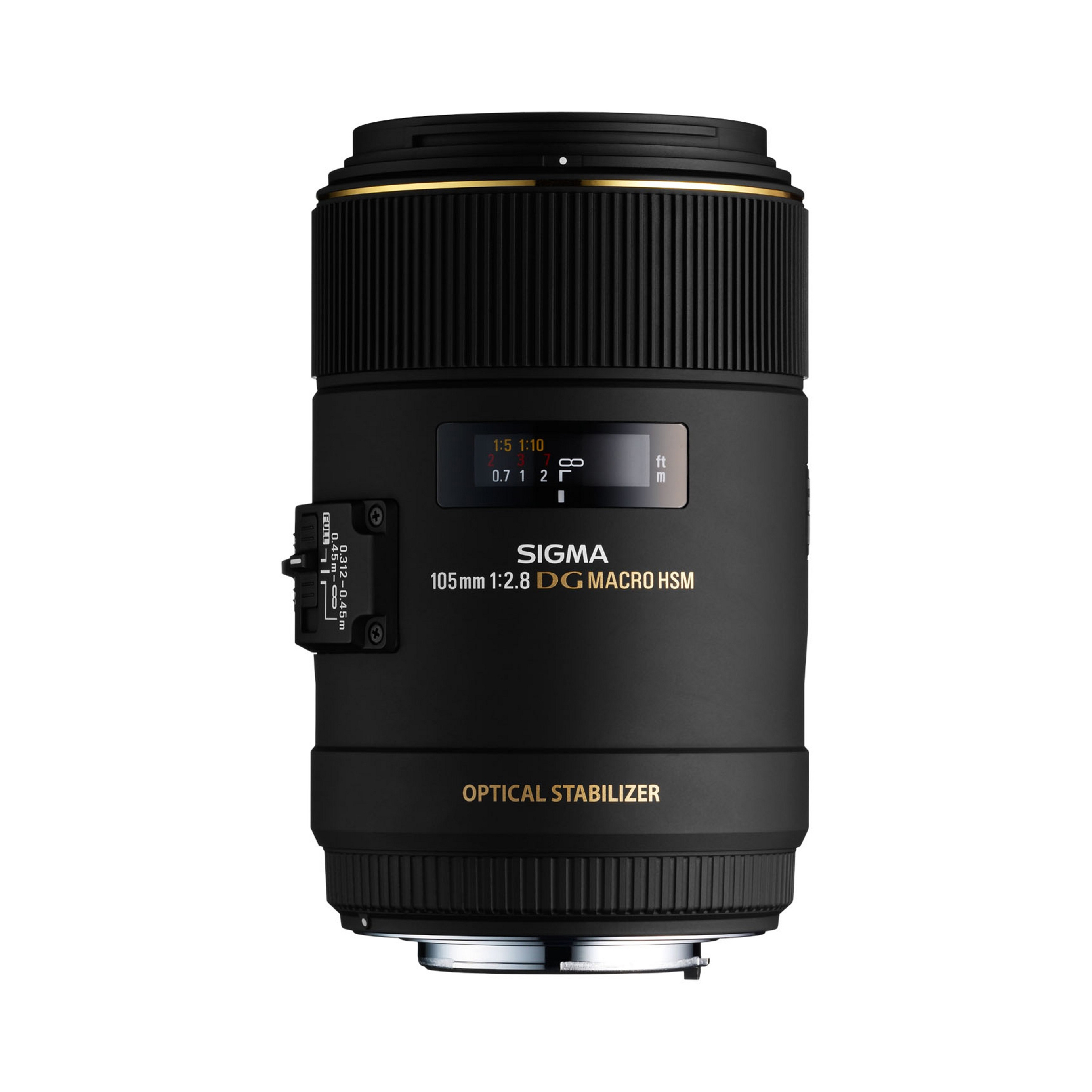 Schwarzes Sigma 105mm Makroobjektiv mitgoldenen Akzenten und Display.