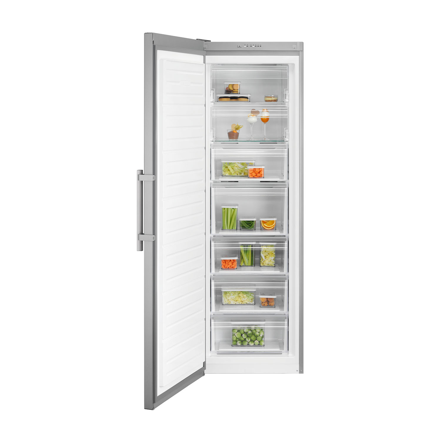 Otwarta zamrażarka z wypełnionymi szufladami, w tym warzywami i deserami.