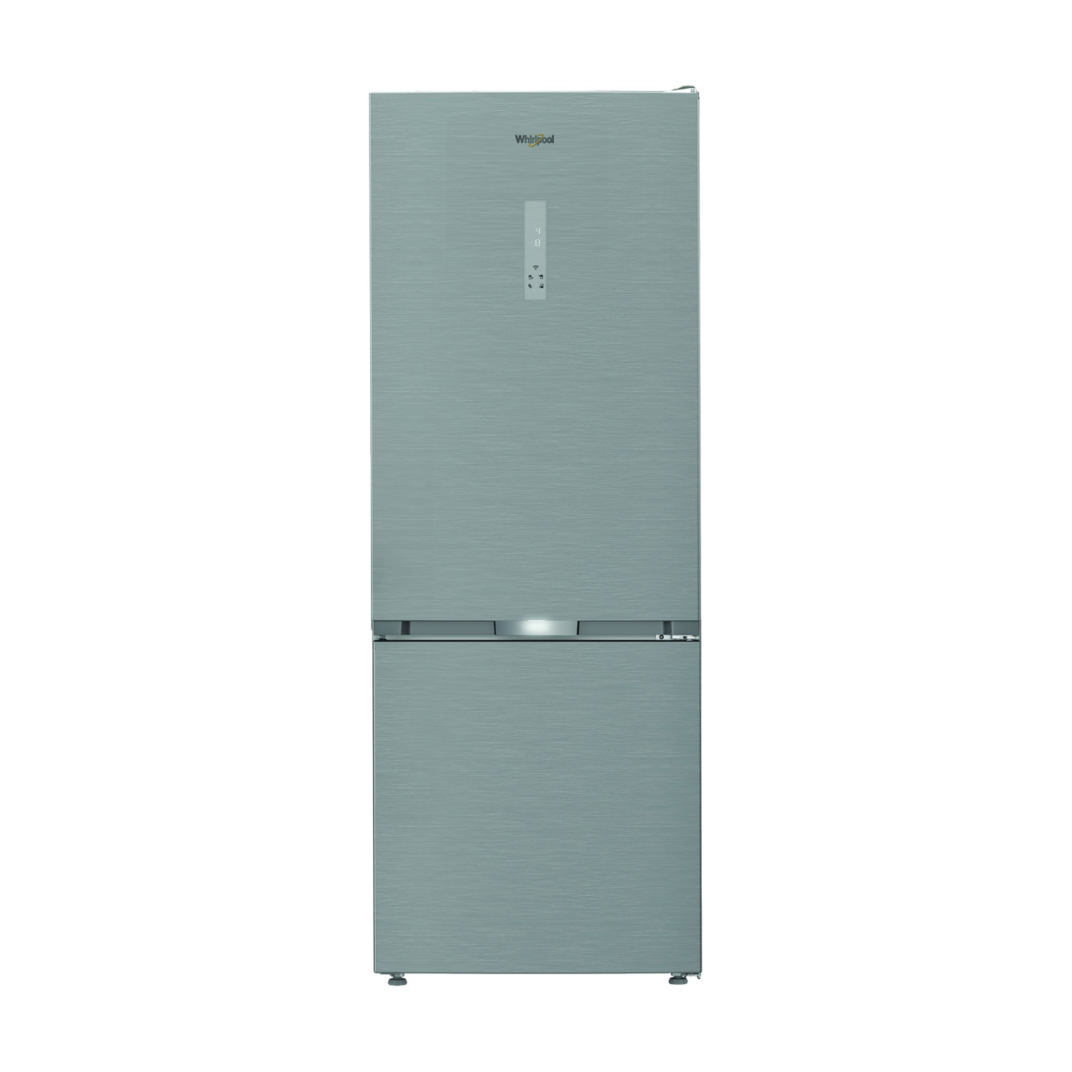 Un refrigerador moderno y gris con pantalla digital e iluminación LED.