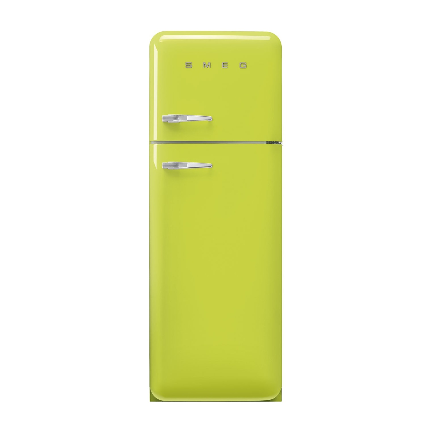 Un refrigerador amarillo brillante con asas plateadas y el logo SMEG.
