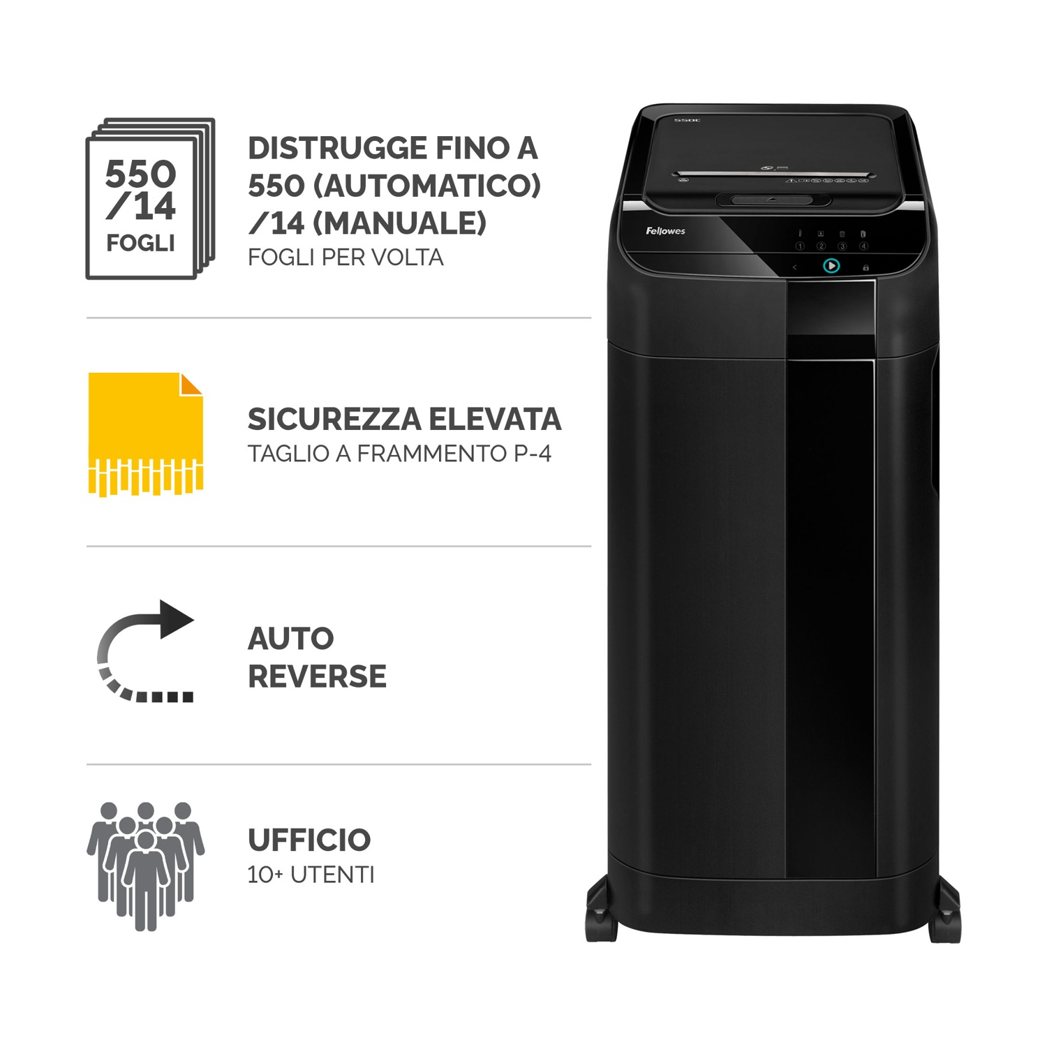 Trituradora Fellowes negra con panel de control e iconos de capacidad y seguridad.