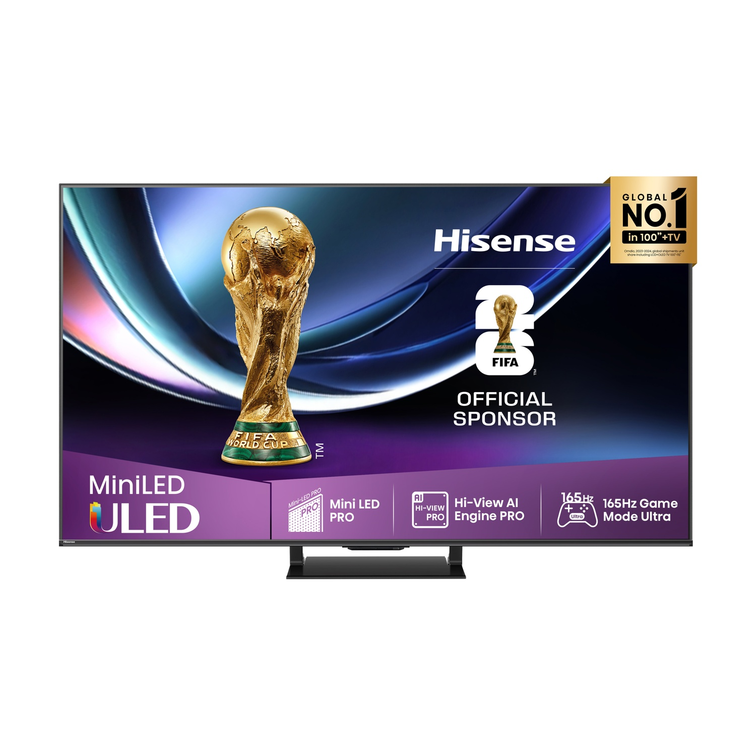 Telewizor Hisense MiniLED ULED z pucharem FIFA World Cup, logo Global No. 1, AI Hi-View Pro.