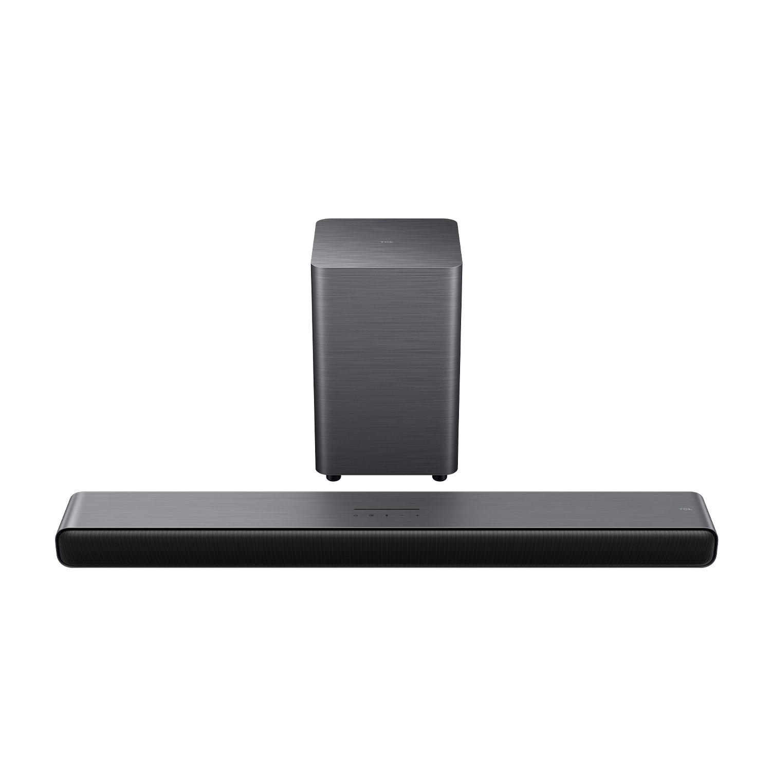 Ciemny soundbar i subwoofer stoją obok siebie na białym tle.