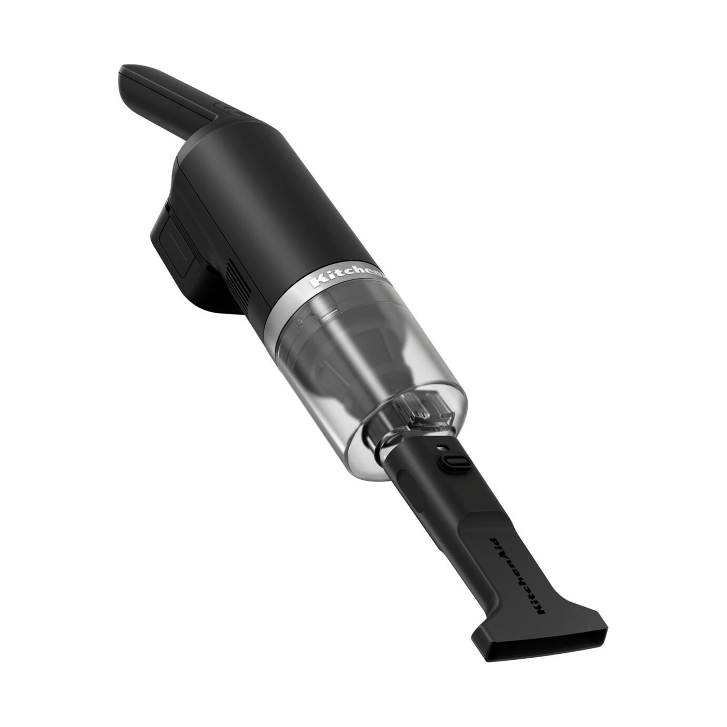 Aspirapolvere portatile nero con contenitore trasparente e logo KitchenAid.