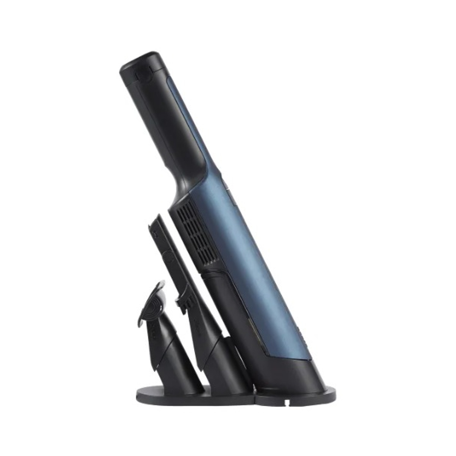 Un aspirapolvere blu portatile poggia su una base di ricarica nera con due accessori.