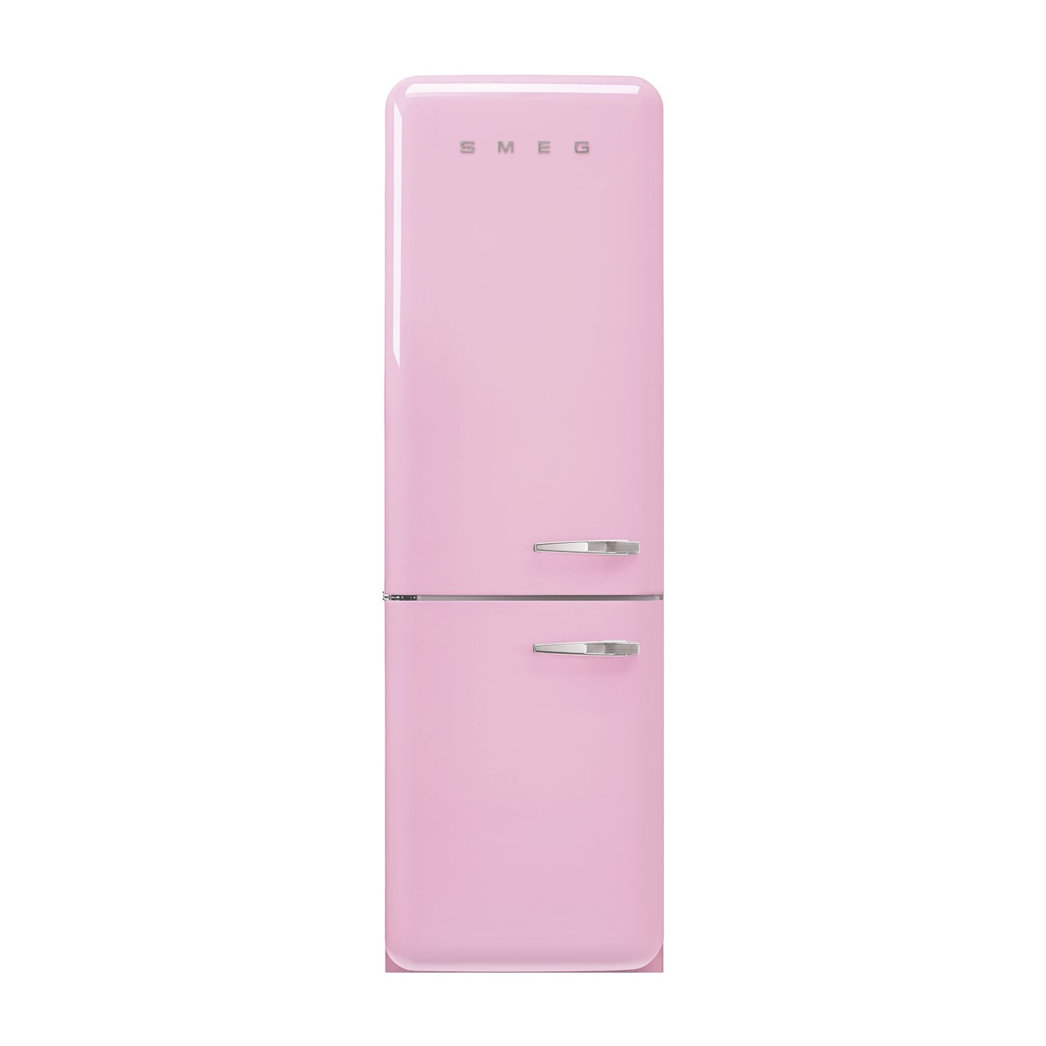Un refrigerador SMEG rosa con tiradores plateados. El logo es visible arriba.