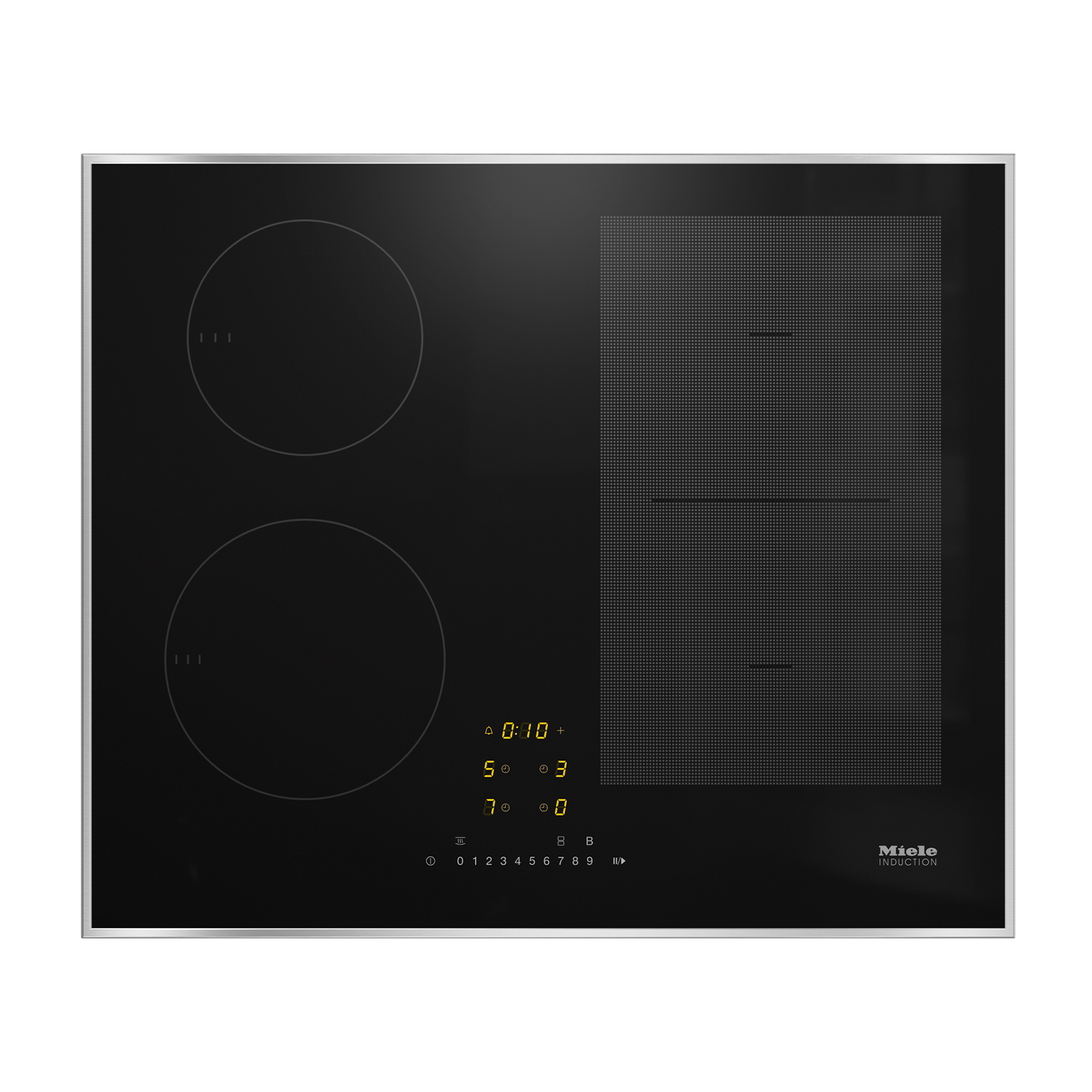 Un piano cottura a induzione Miele nero con due zone circolari e una grande zona rettangolare.
