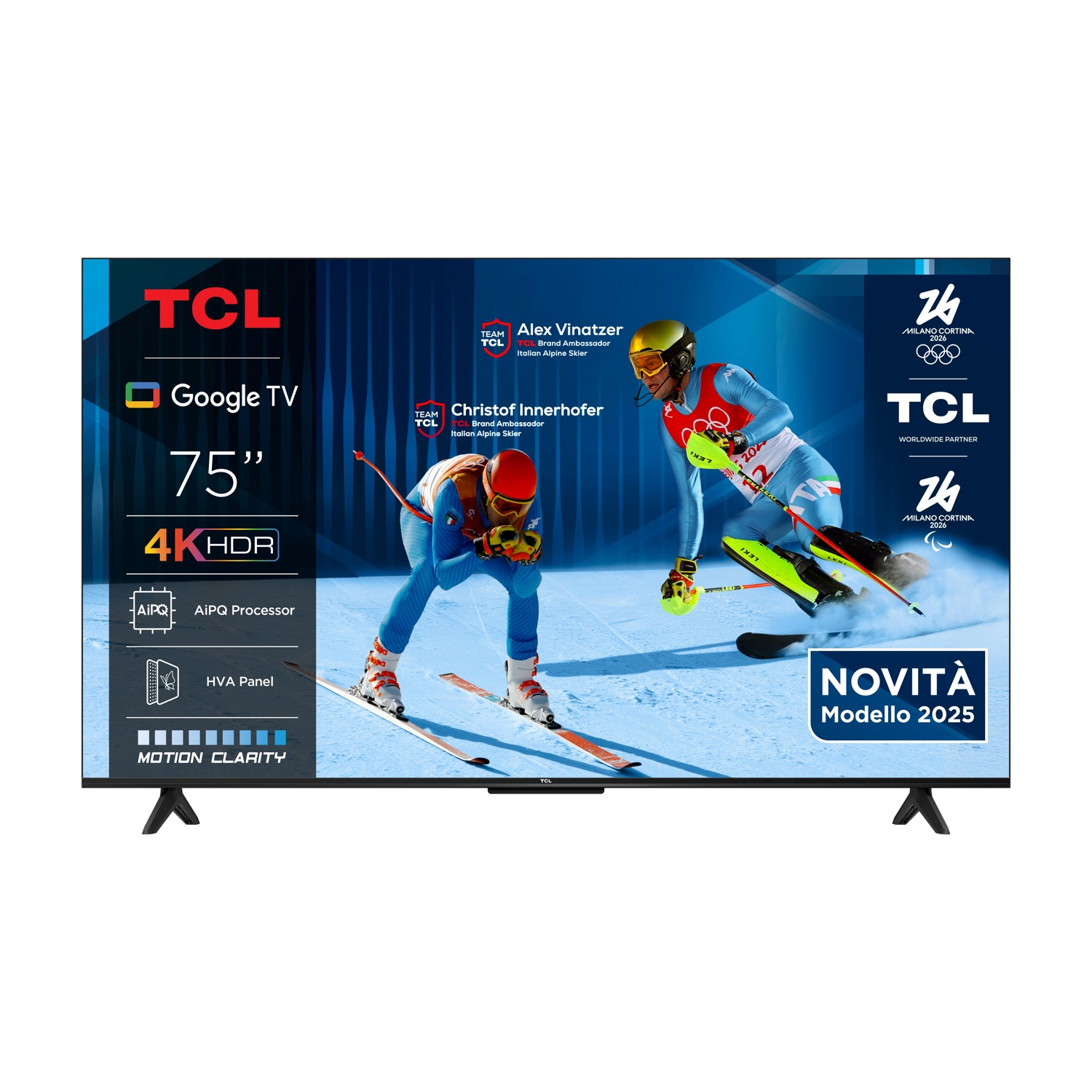 TCL 75" 4K HDR Google TV z dwoma narciarzami, logo Milano Cortina 2026.