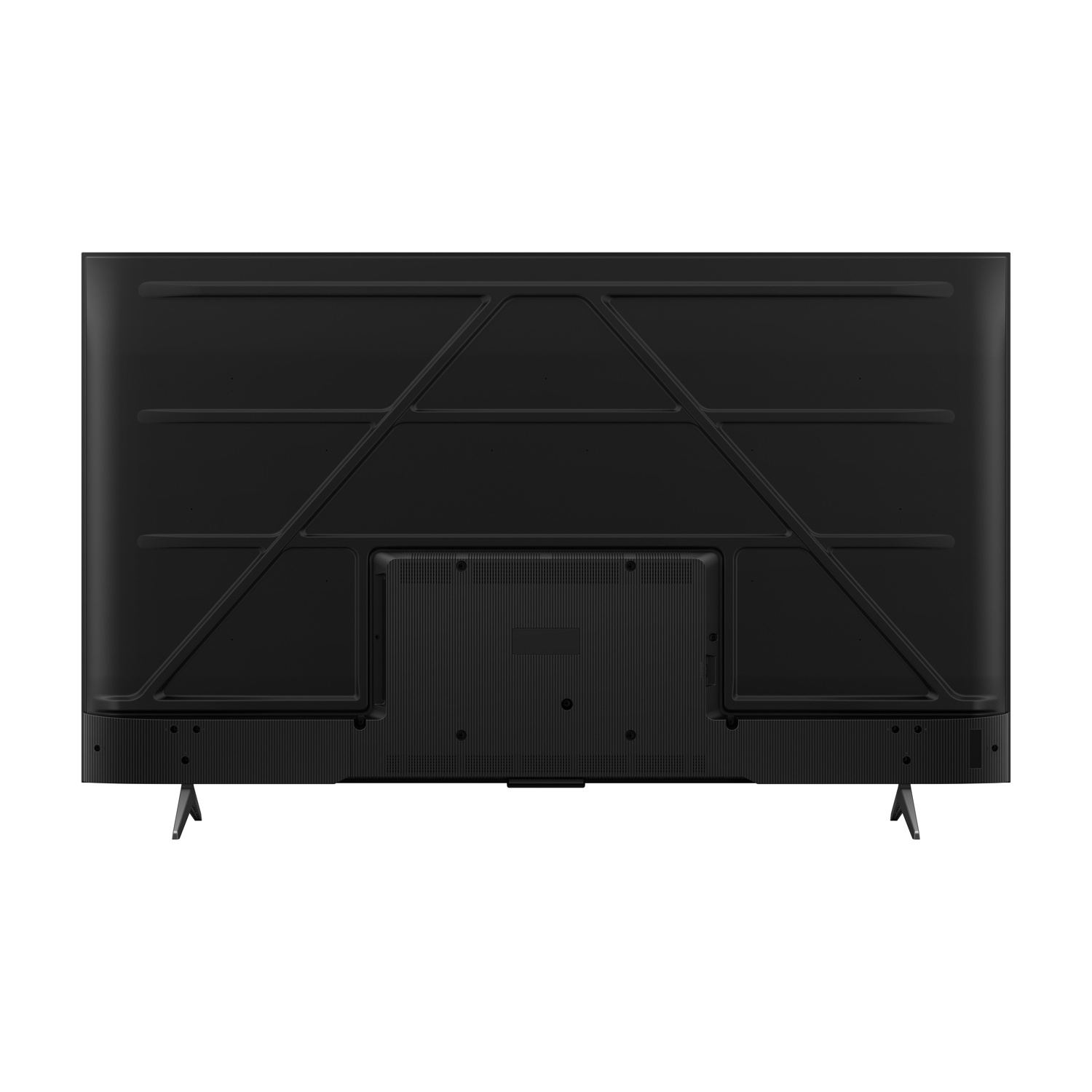 Tył czarnego telewizora ze stojakami na białym tle.