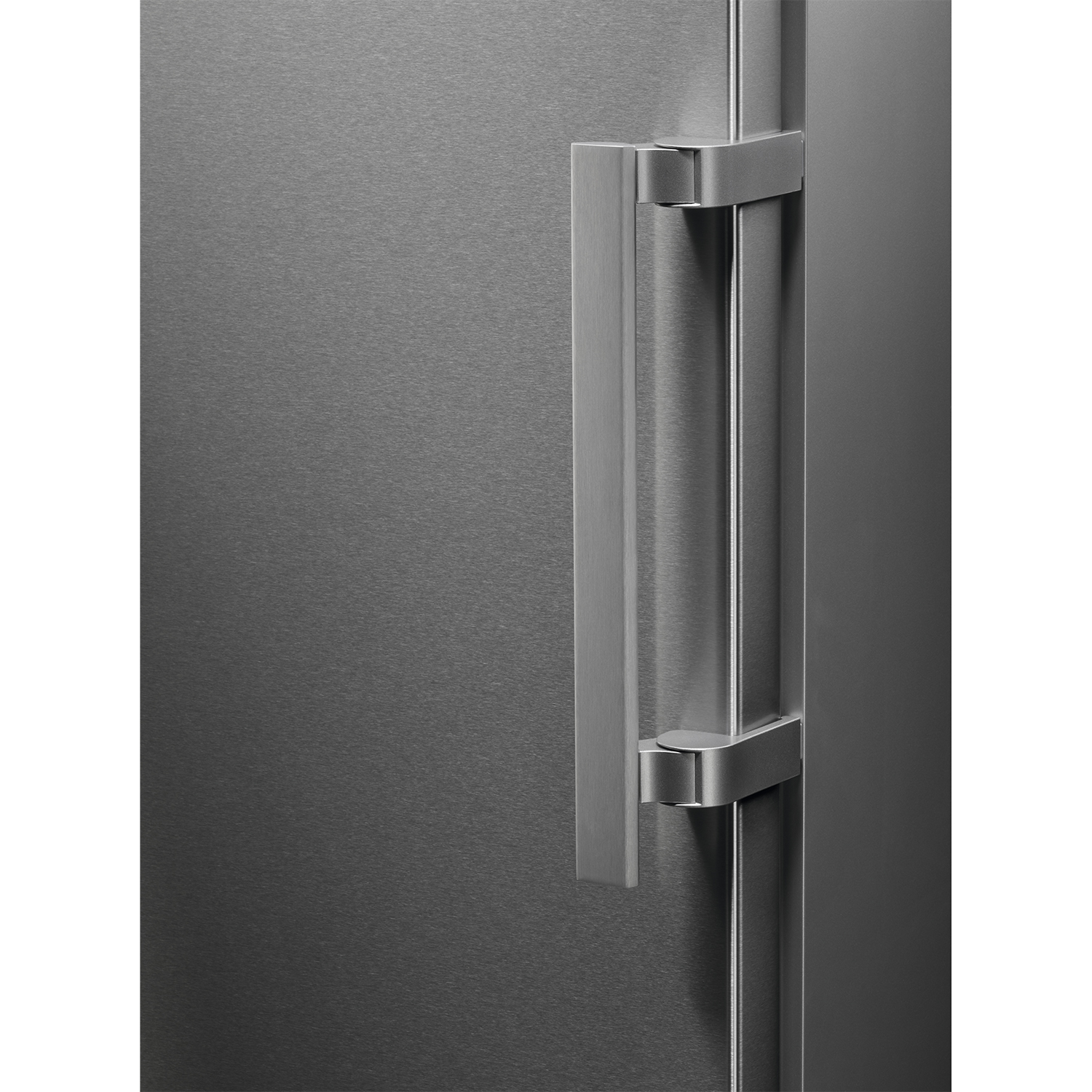 A silver refrigerator handle with a brushed metal finish.