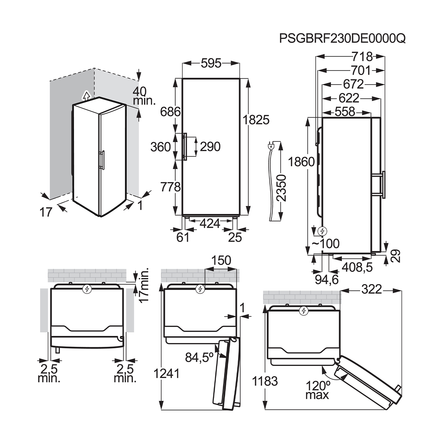 Technical drawing of a fridge-freezer with dimensions.