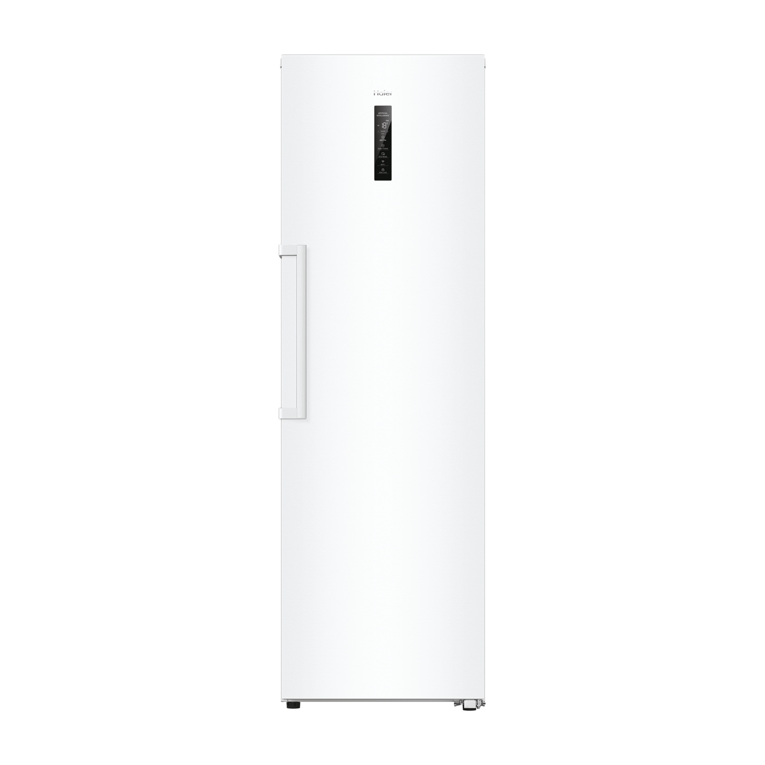 A tall, slim white refrigerator with a digital display on the door.
