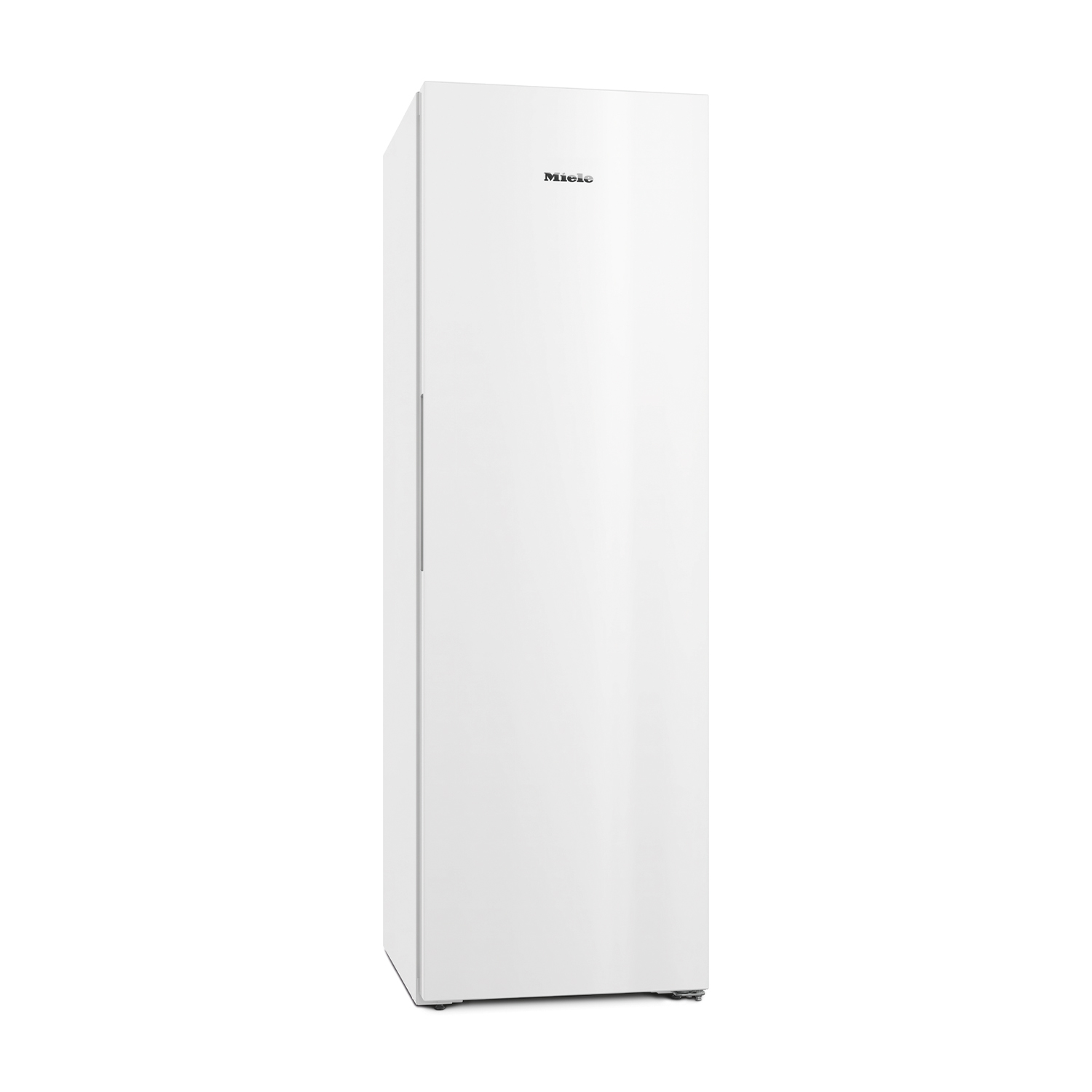 A white, freestanding refrigerator with a silver handle and Miele logo.