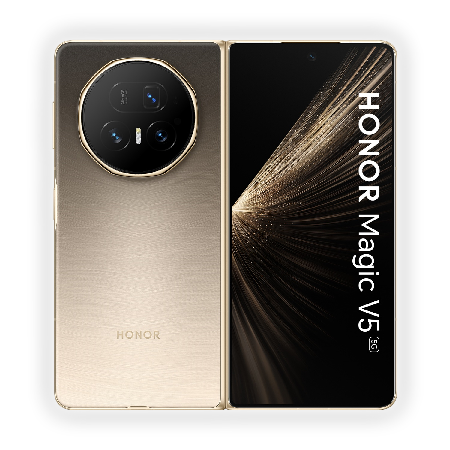 Złoty, składany telefon Honor Magic V5 z aparatami z tyłu.