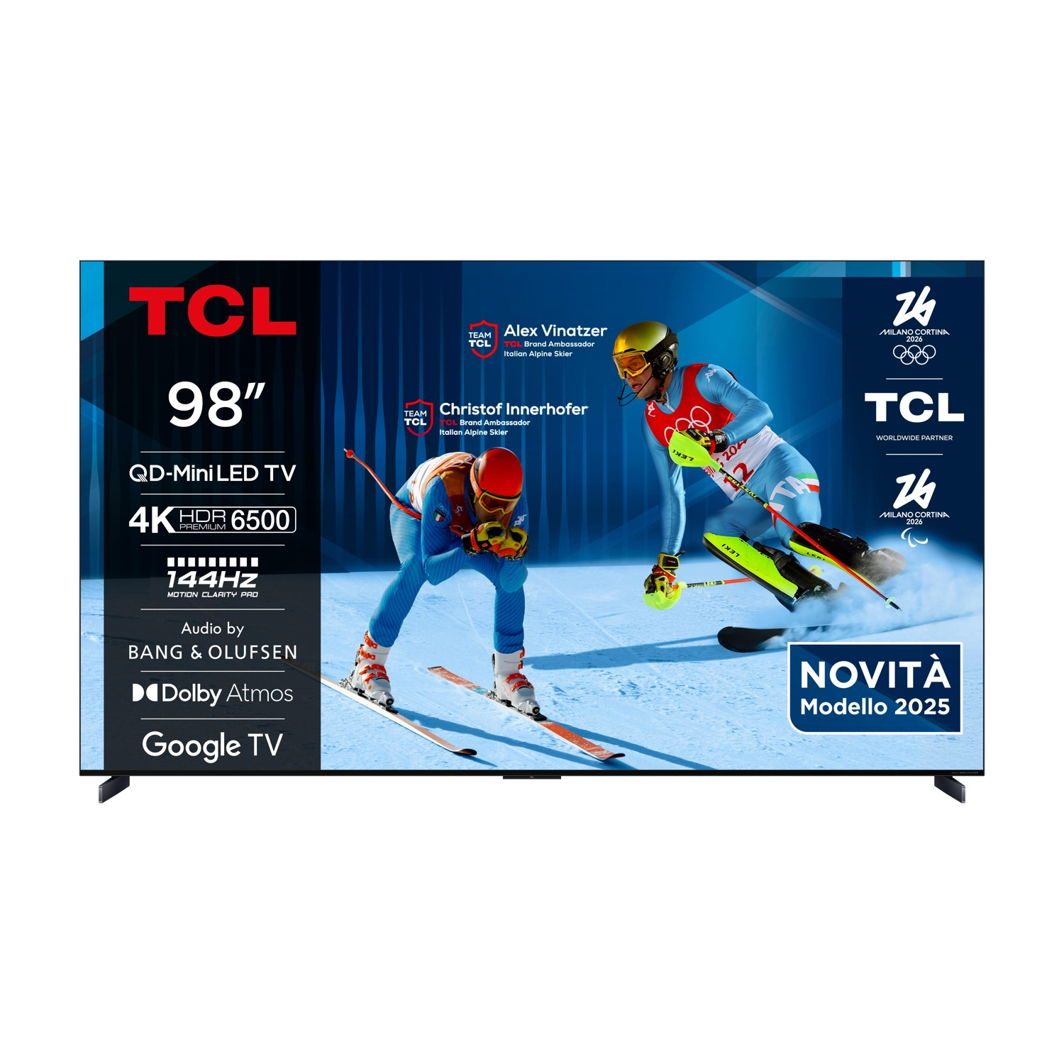 Telewizor TCL QD-Mini LED 98" ze narciarzami, logo Milano Cortina 2026 i "Nowość 2025".