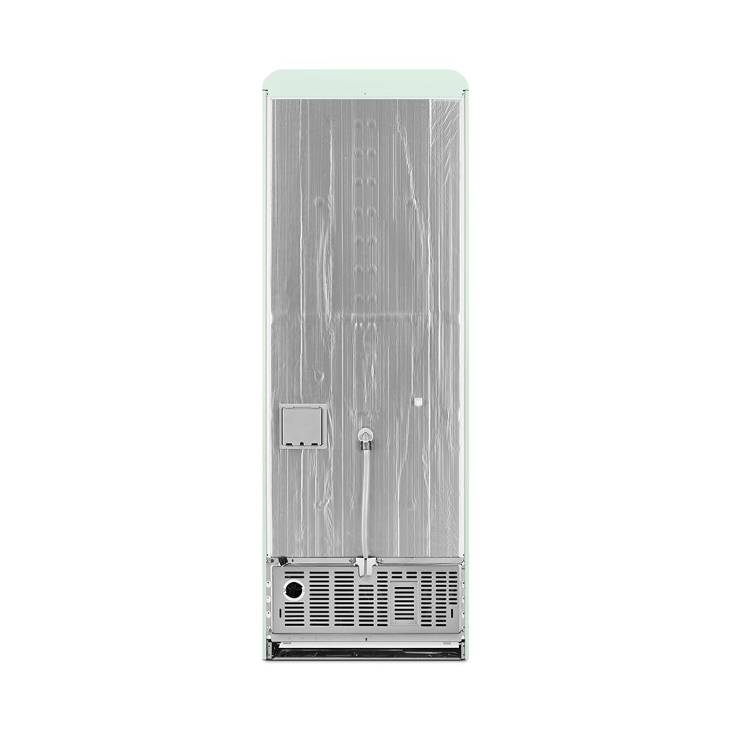 Vista trasera de un refrigerador verde claro con rejilla de ventilación y cables.