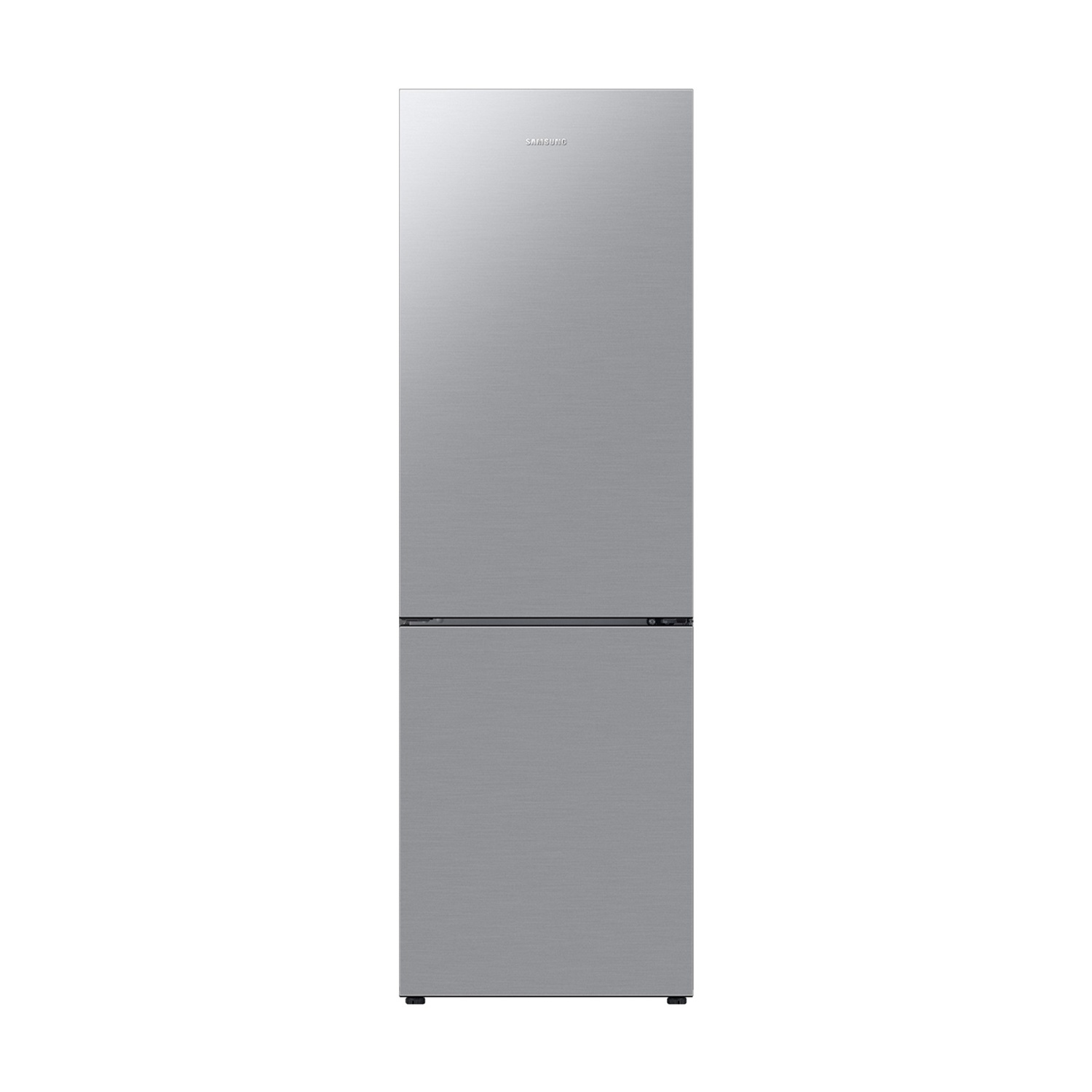 Un refrigerador Samsung plateado de dos puertas, fondo blanco.