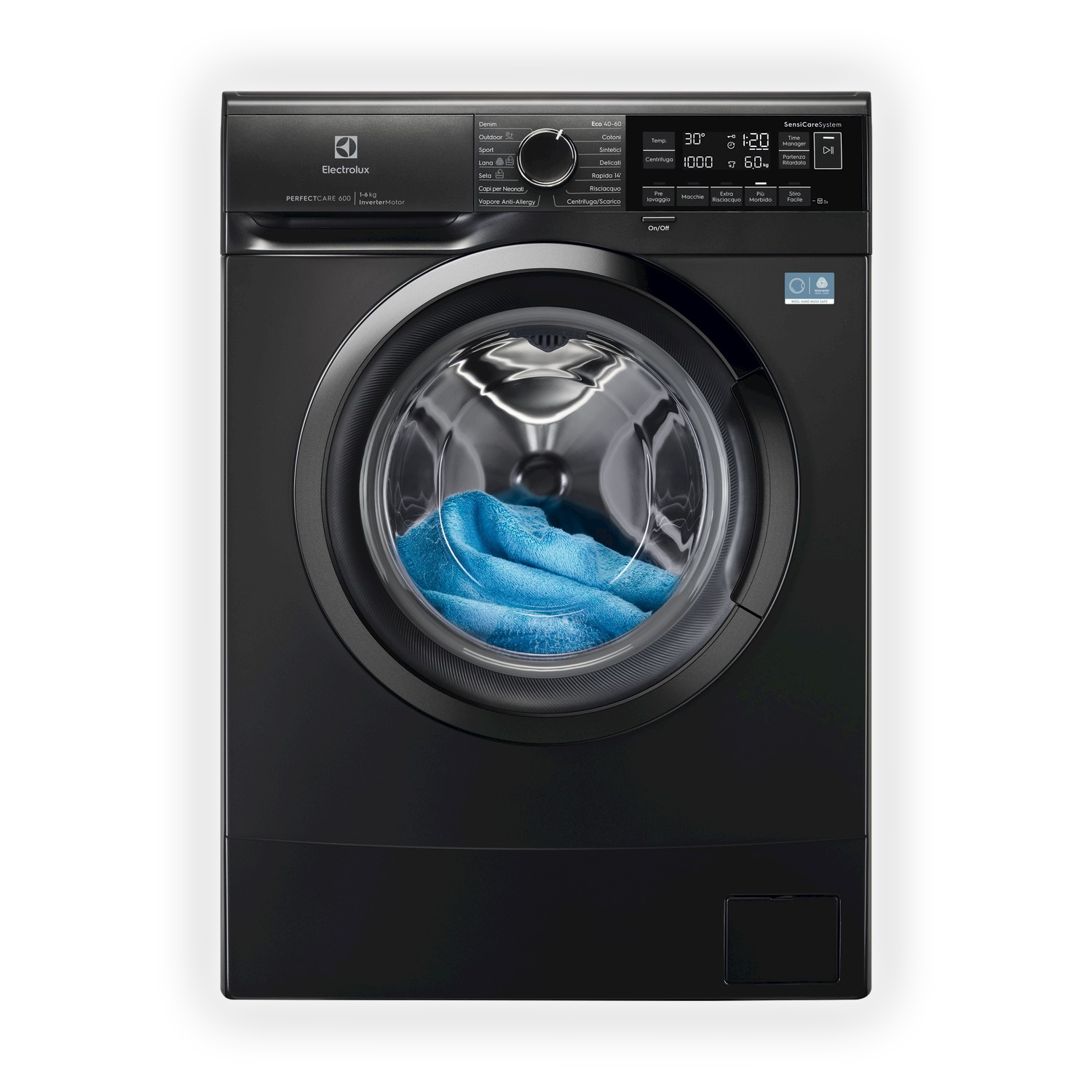Lavatrice Electrolux nera con asciugamano blu nel cestello.