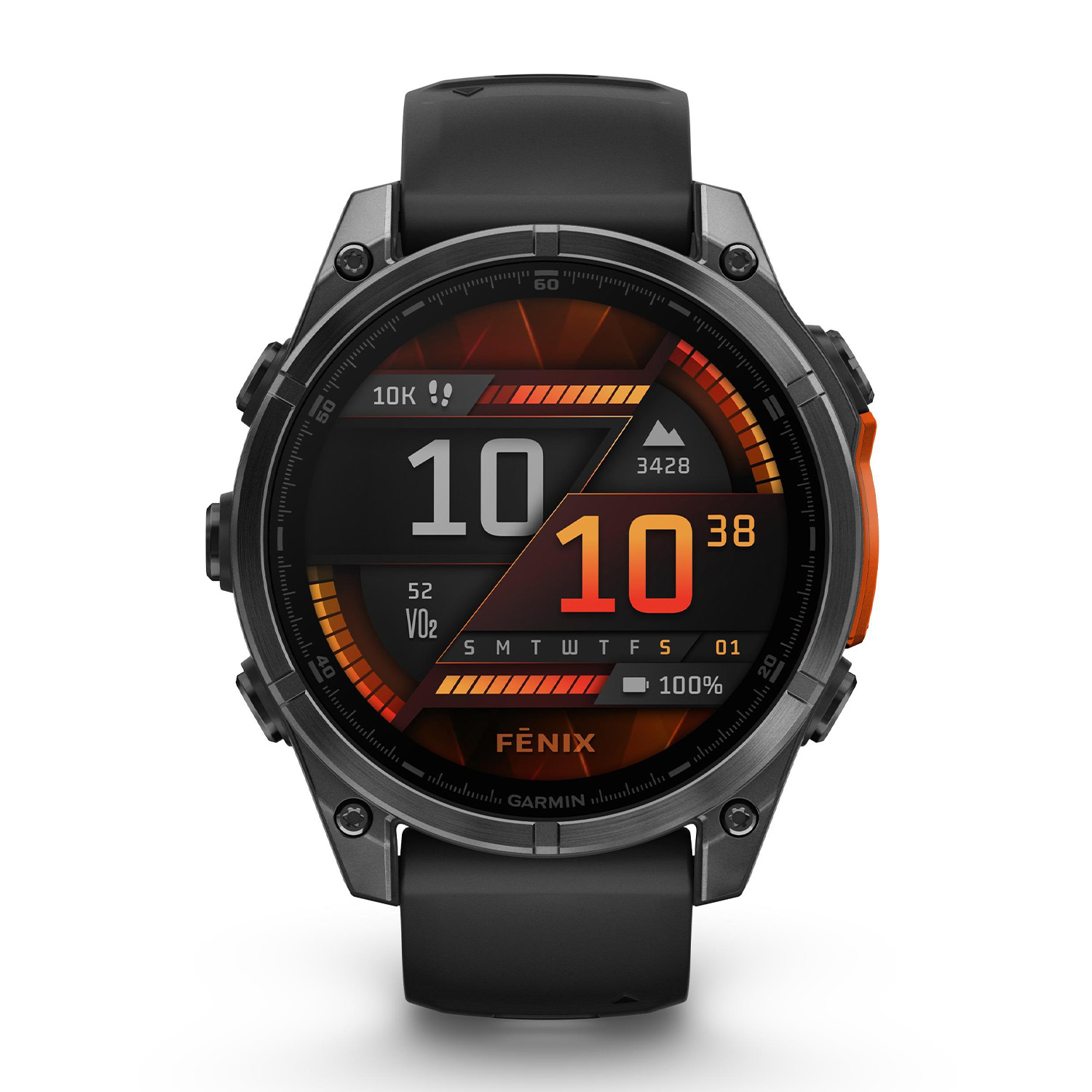 Moderne schwarze Smartwatch mit orangefarbenen Akzenten und Farbdisplay.