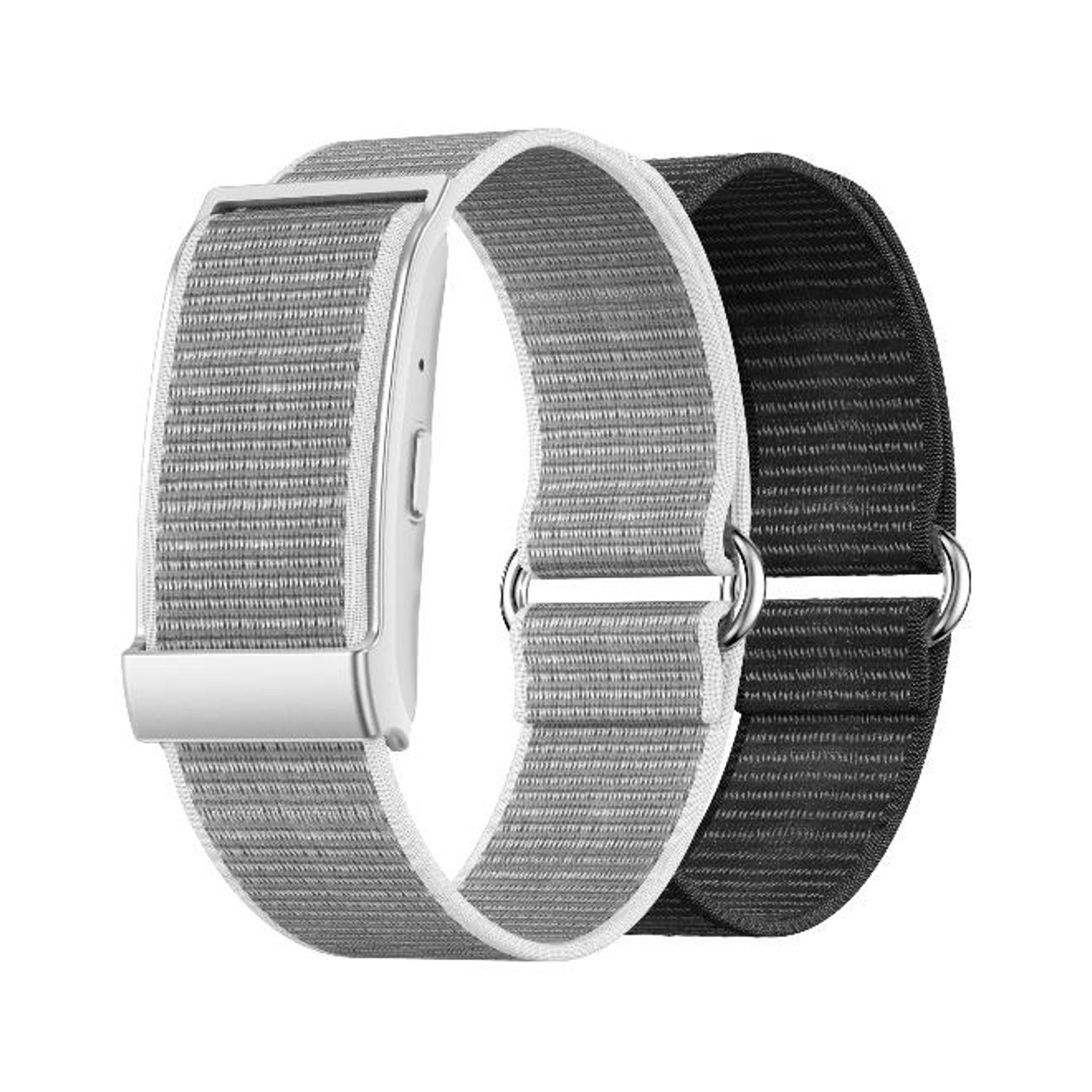 Zwei Stoffarmbänder für Smartwatches, eines grau und eines schwarz, mit Metallschnallen.