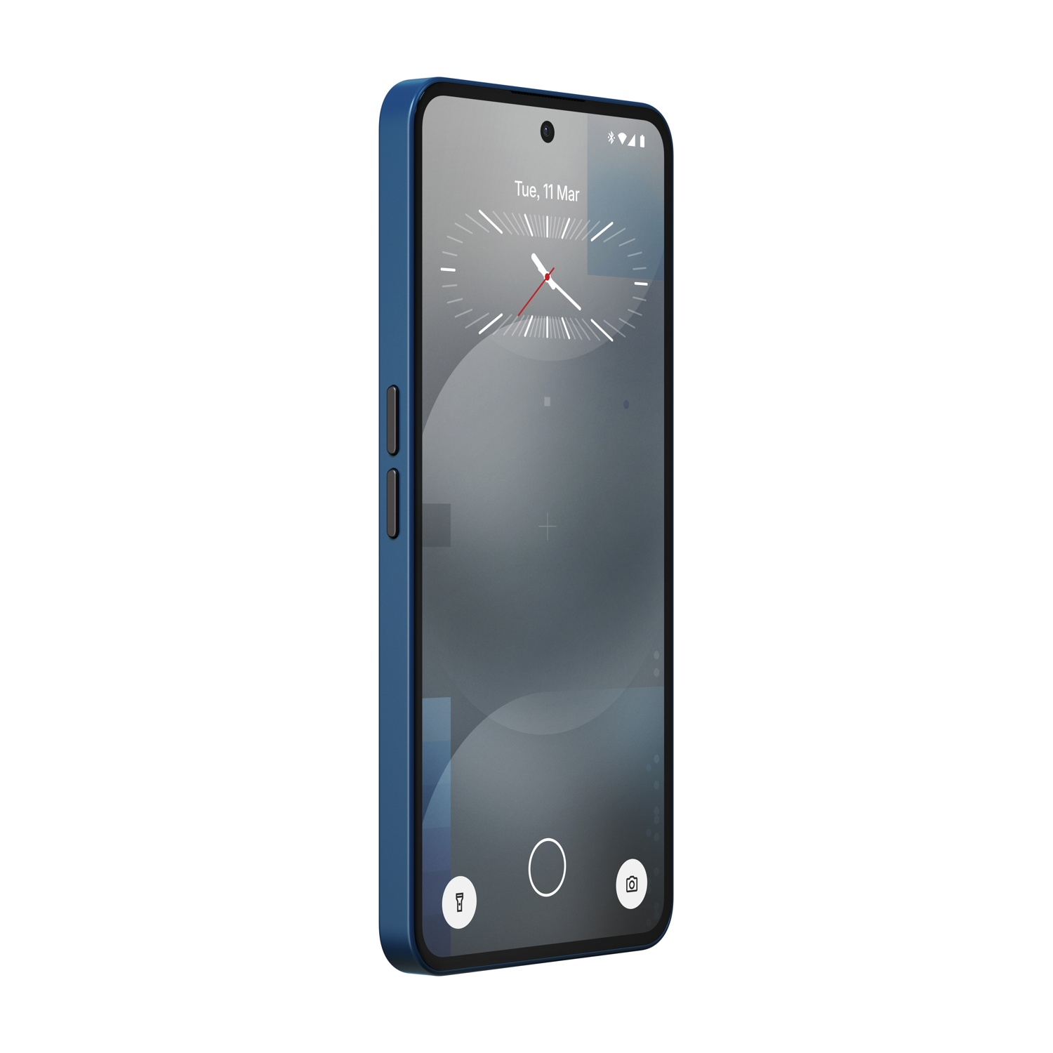 Ein blaues Smartphone mit einem analogen Zifferblatt auf dem Bildschirm.