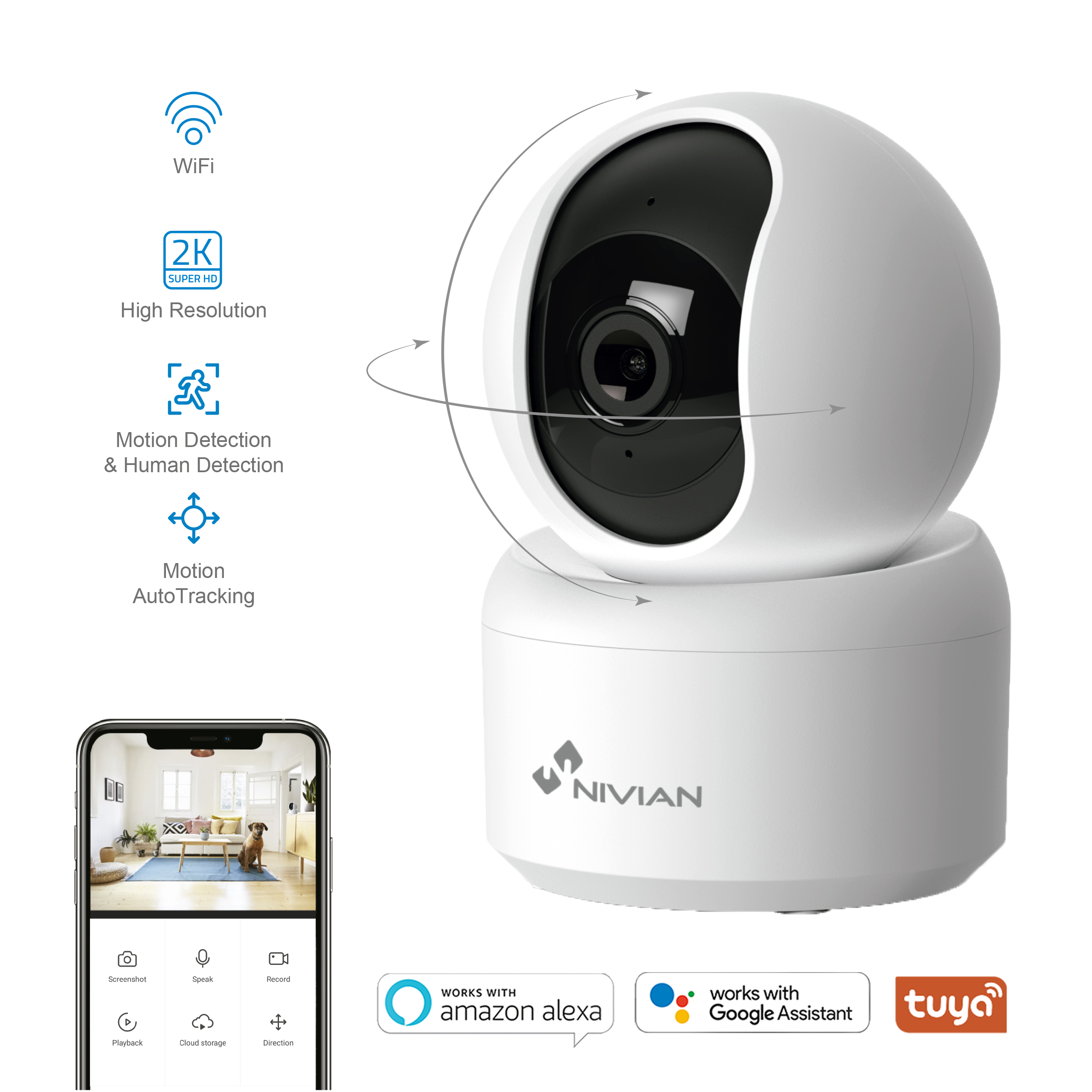 Una cámara de seguridad Nivian blanca con resolución 2K, detección de movimiento y control de app.