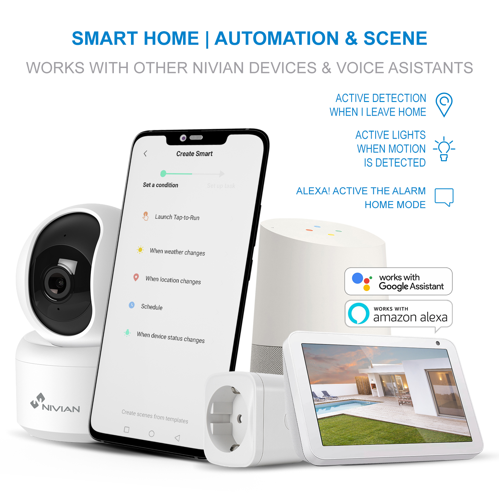 Dispositivos de hogar inteligente: cámara, smartphone, enchufe, altavoz, pantalla.