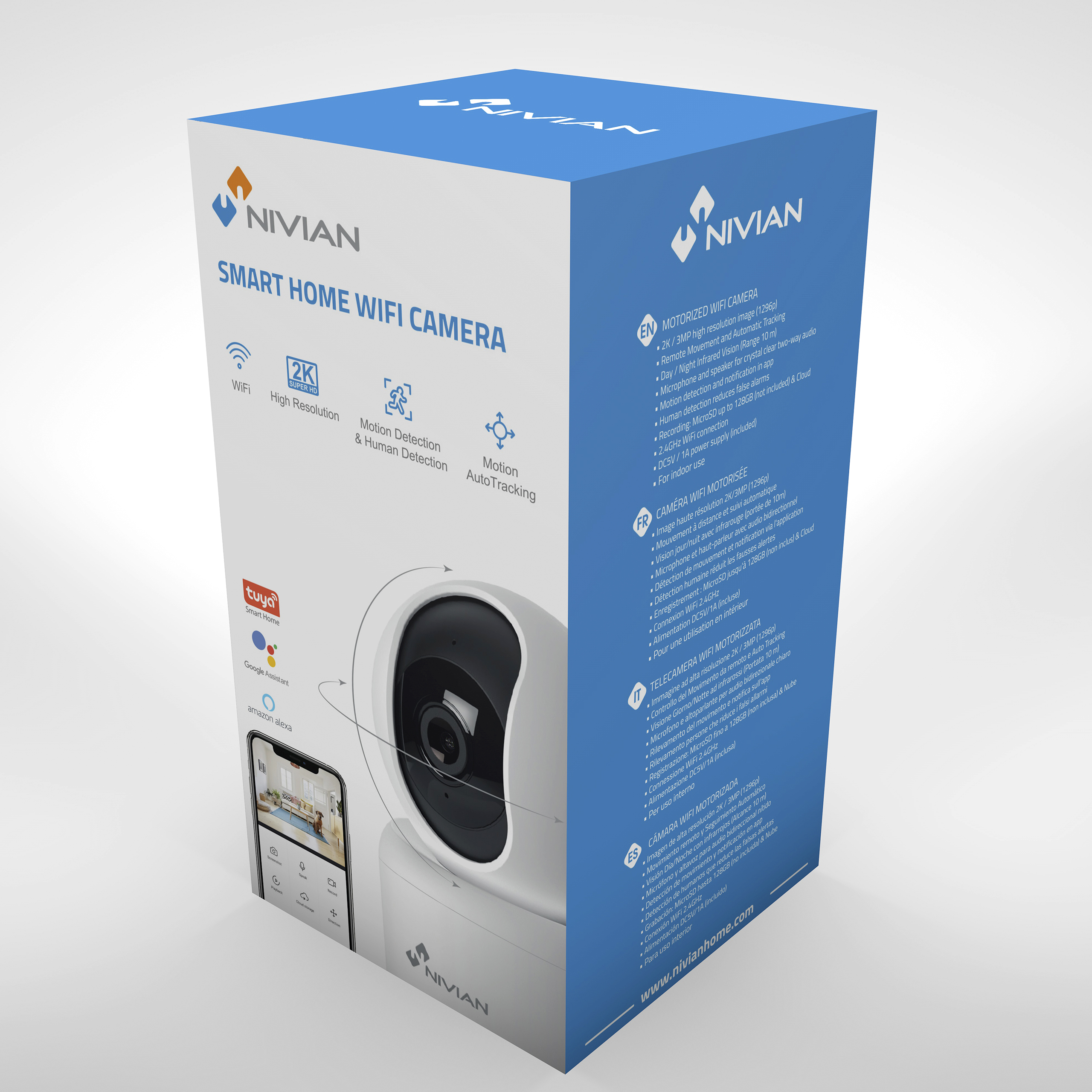 Embalaje de cámara WiFi inteligente Nivian, con imagen del producto.