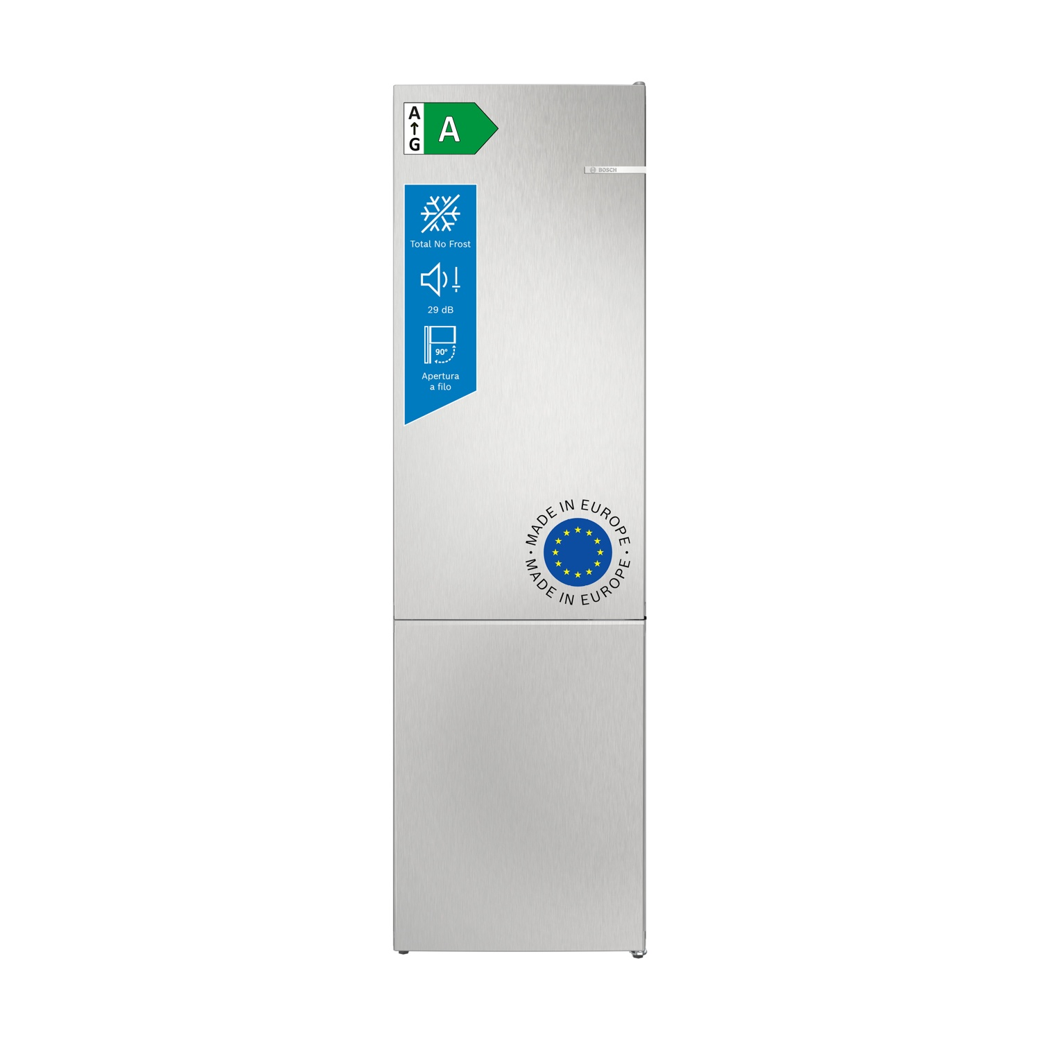 Ein silberner Bosch Kühlschrank mit Energieeffizienzklasse A und "Total No Frost"-Technologie.