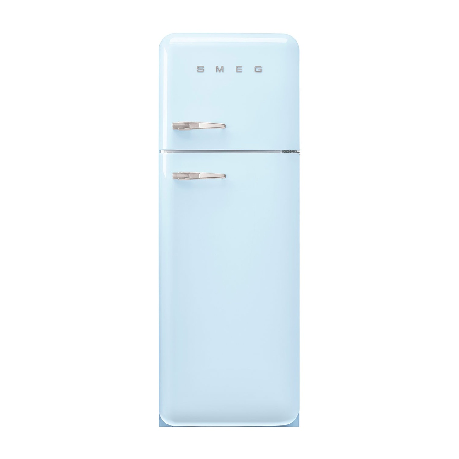 Ein hellblauer SMEG-Kühlschrank mit zwei Türen und silbernen Griffen.