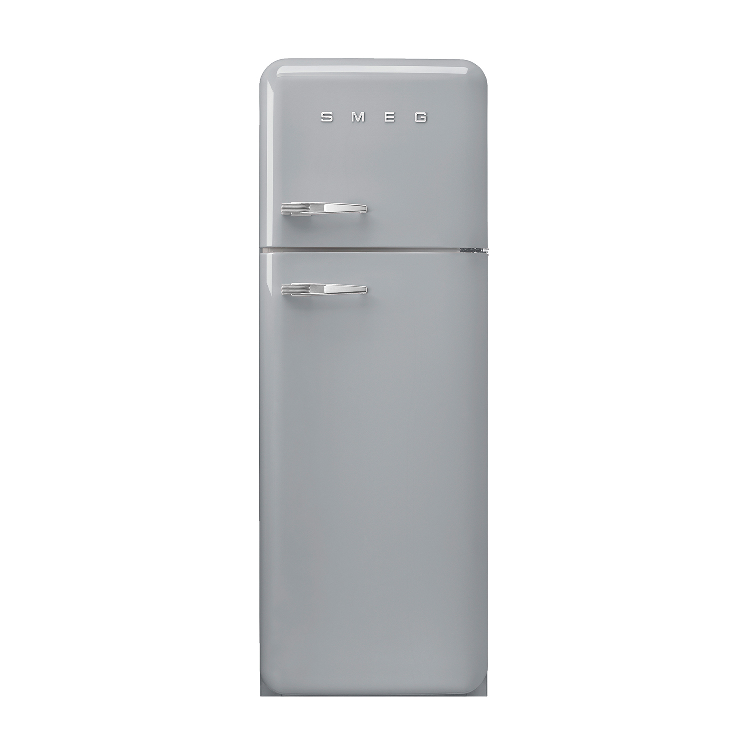 Ein grauer SMEG-Kühlschrank mit zwei Türen und Chromgriffen.