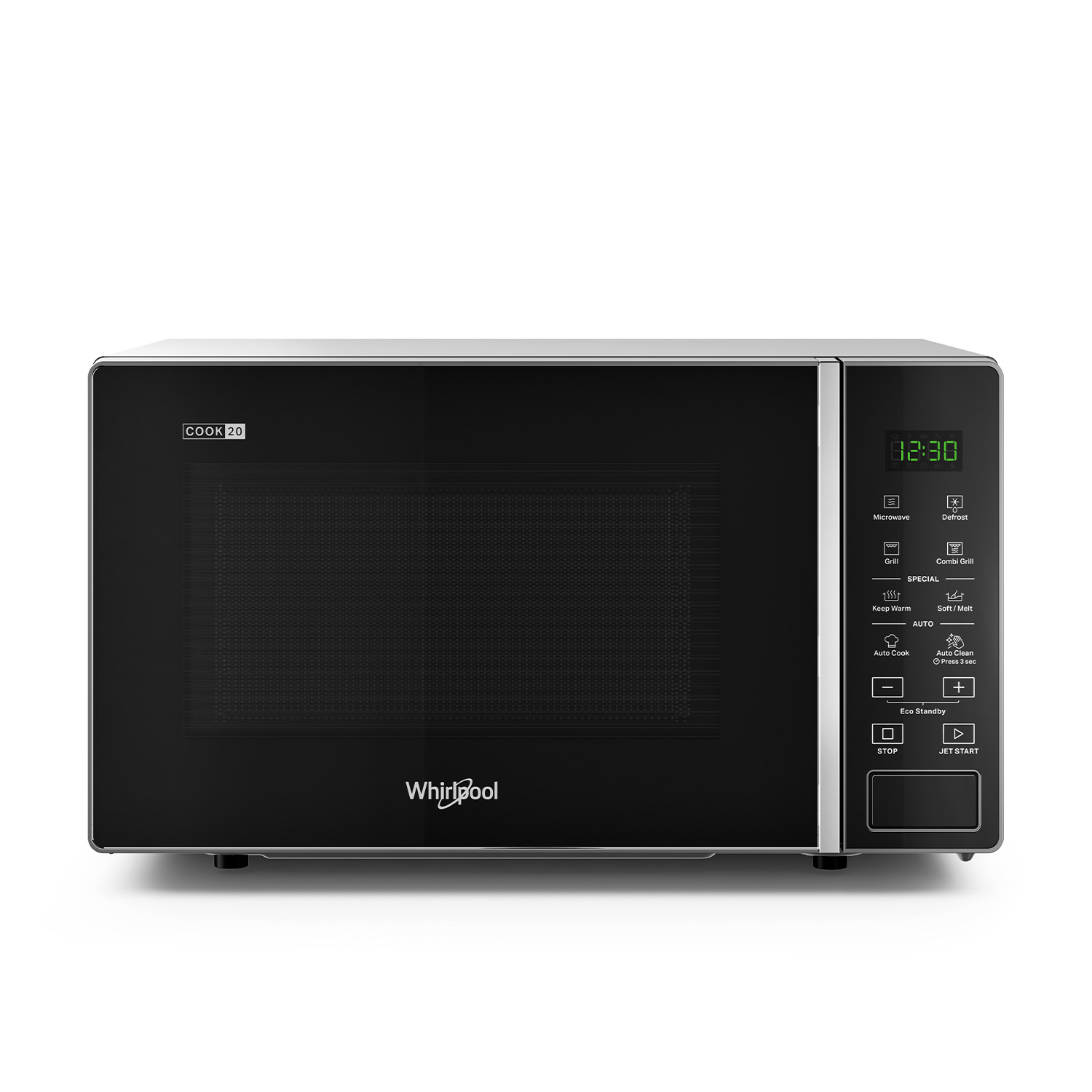 Forno a microonde nero con display digitale e pannello di controllo, logo Whirlpool.