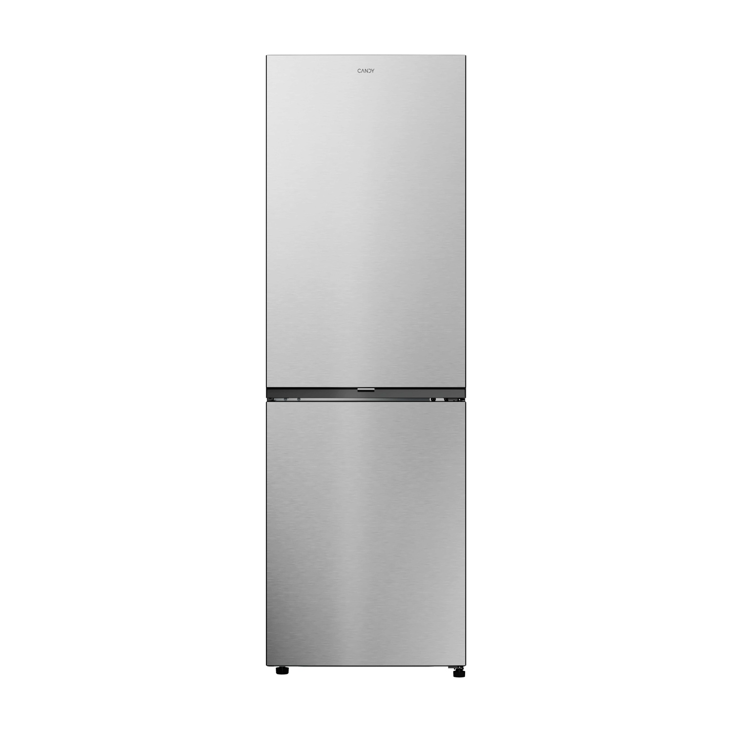 Ein silberner Kühlschrank der Marke Candy mit gebürsteter Metalloberfläche.