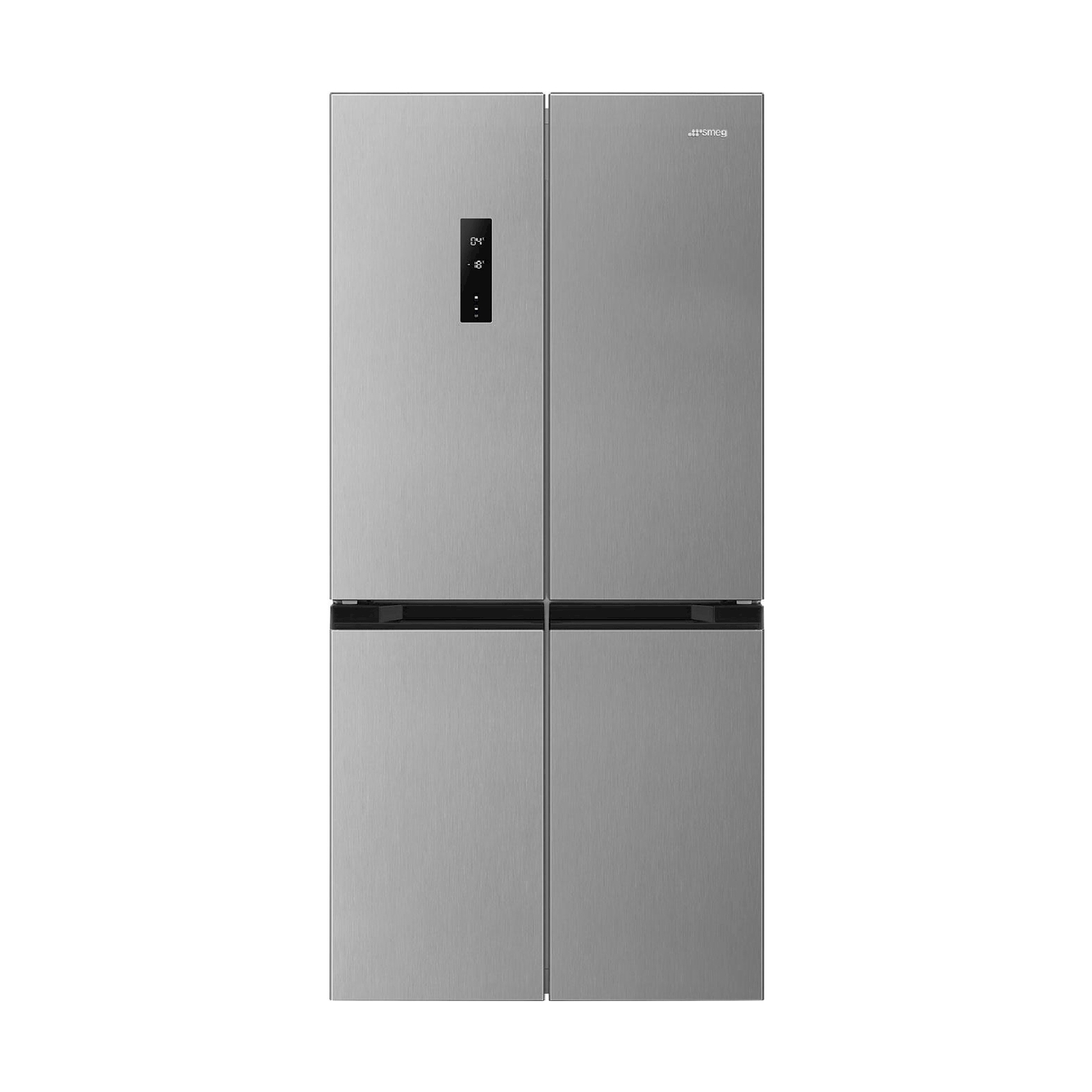 Ein silberner Kühlschrank mit vier Türen und einem digitalen Display.