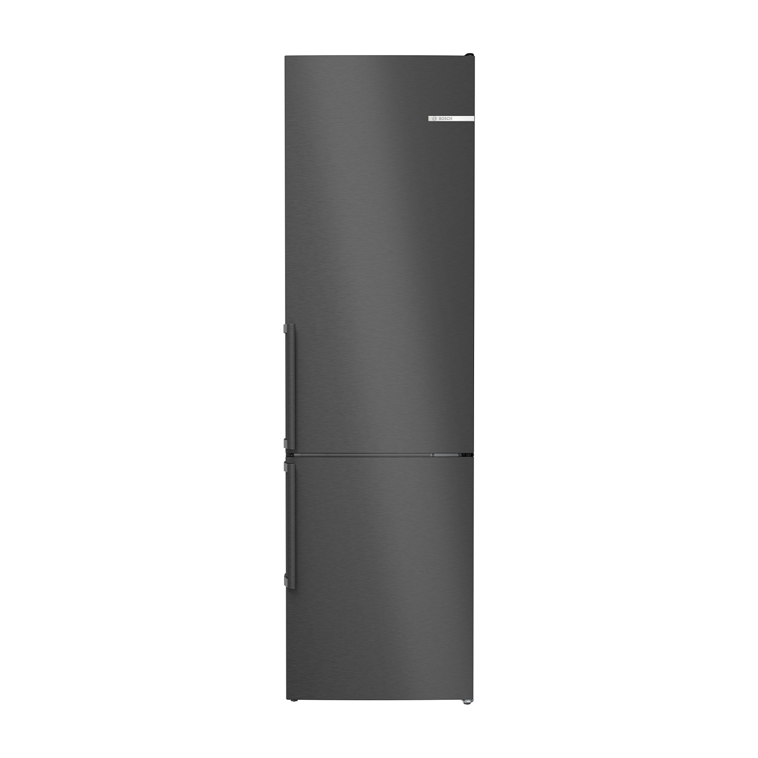Un frigorifero Bosch grigio scuro a due porte, con maniglia e logo argentati.