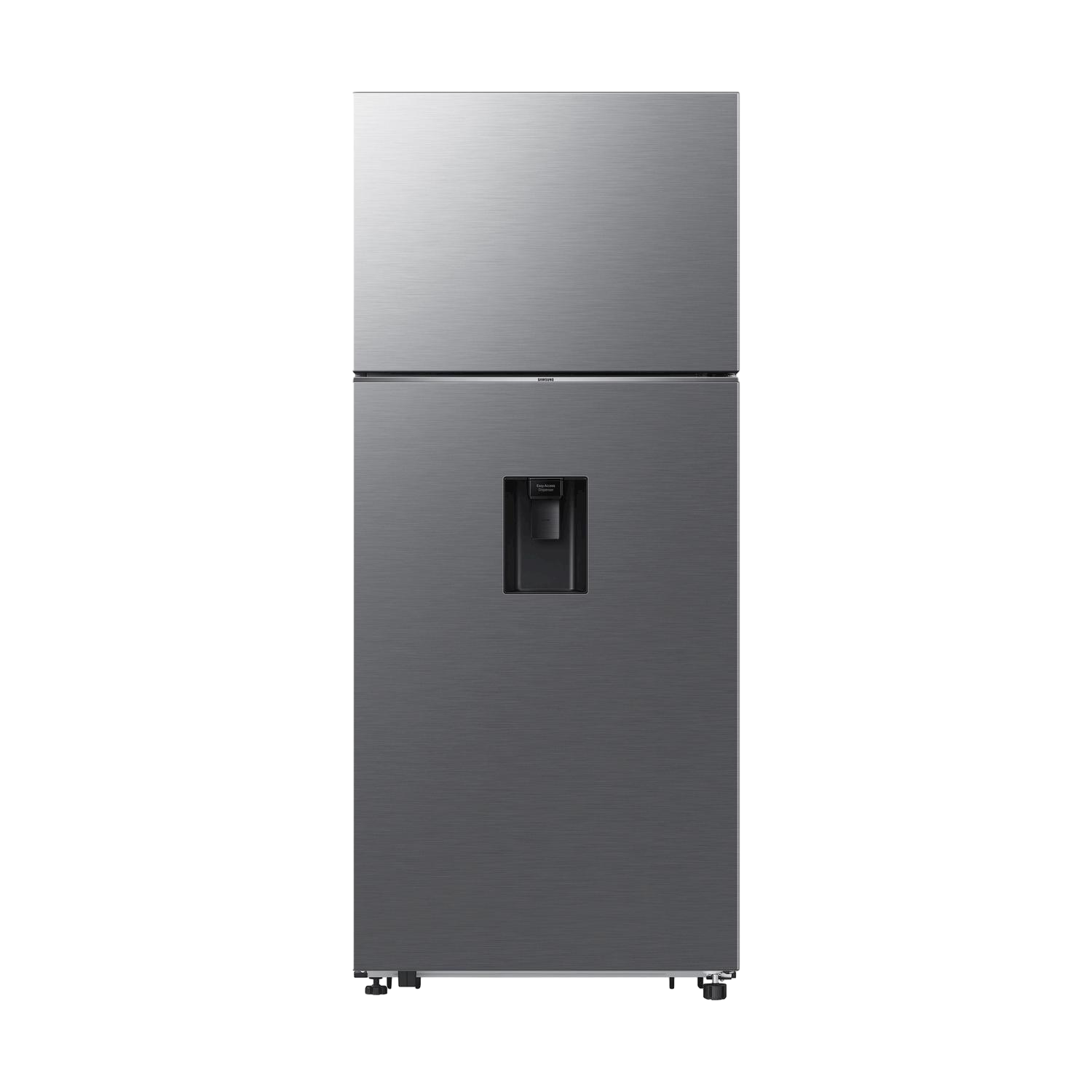 Un refrigerador plateado de dos puertas con dispensador de agua.